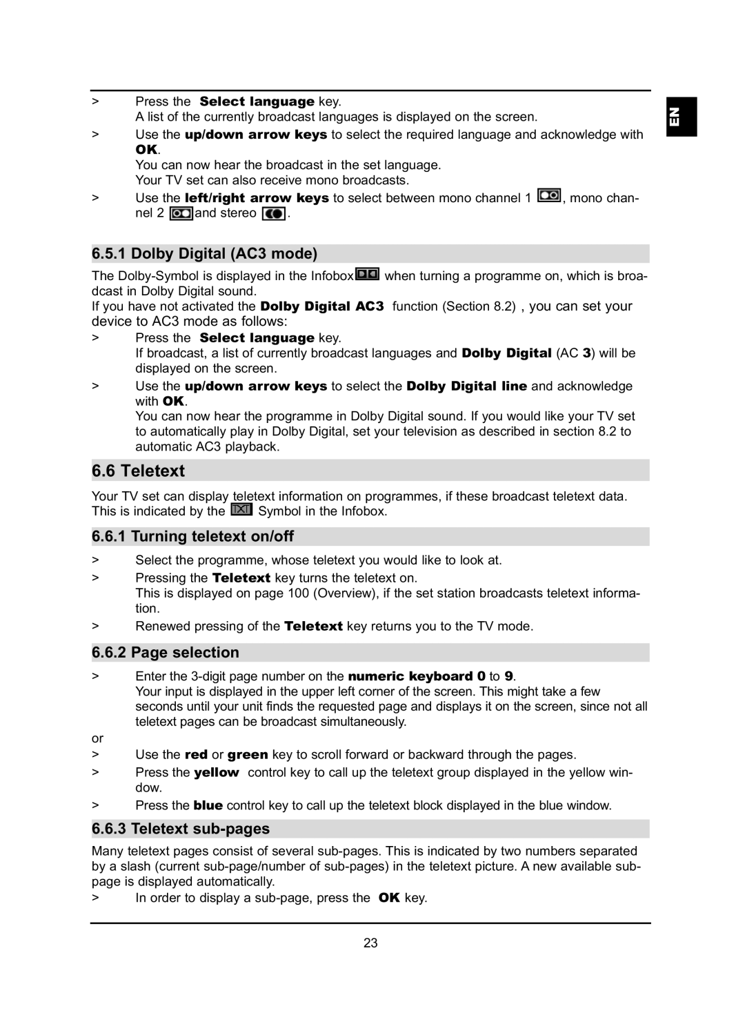 TechniSat HD-VISION 40 PVR manual Dolby Digital AC3 mode, Turning teletext on/off, Selection, Teletext sub-pages 