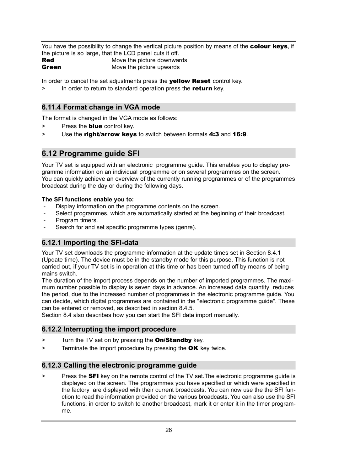 TechniSat HD-VISION 32 PVR, HD-VISION 40 PVR manual Programme guide SFI, Format change in VGA mode, Importing the SFI-data 