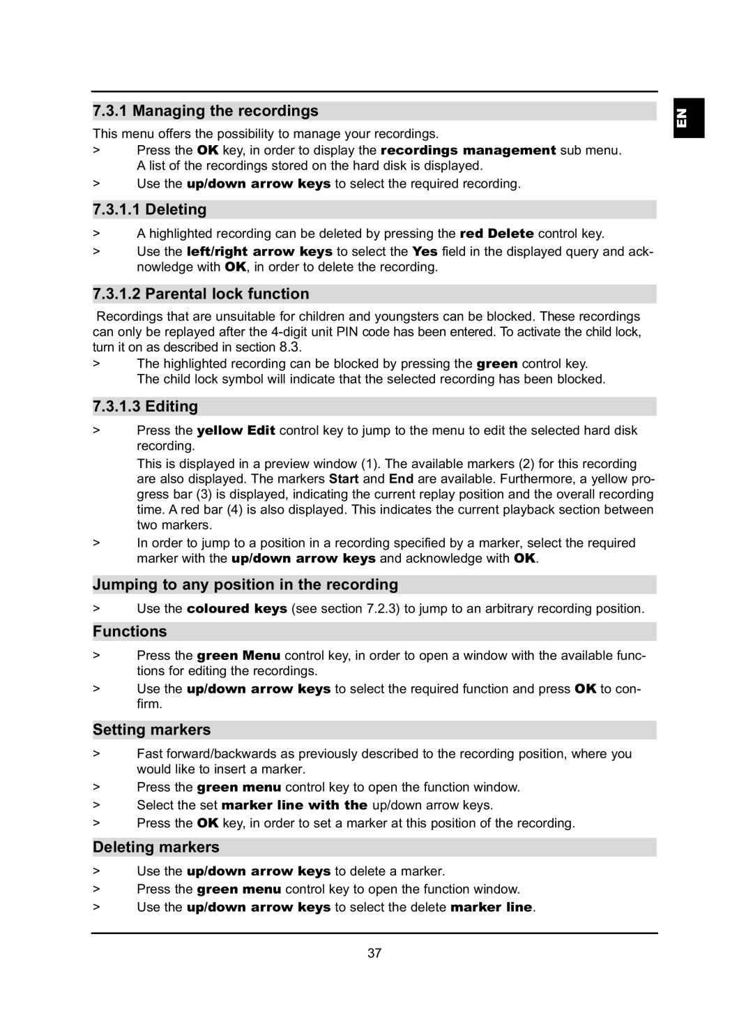 TechniSat HD-VISION 40 PVR manual Managing the recordings, Parental lock function, Editing, Functions, Deleting markers 