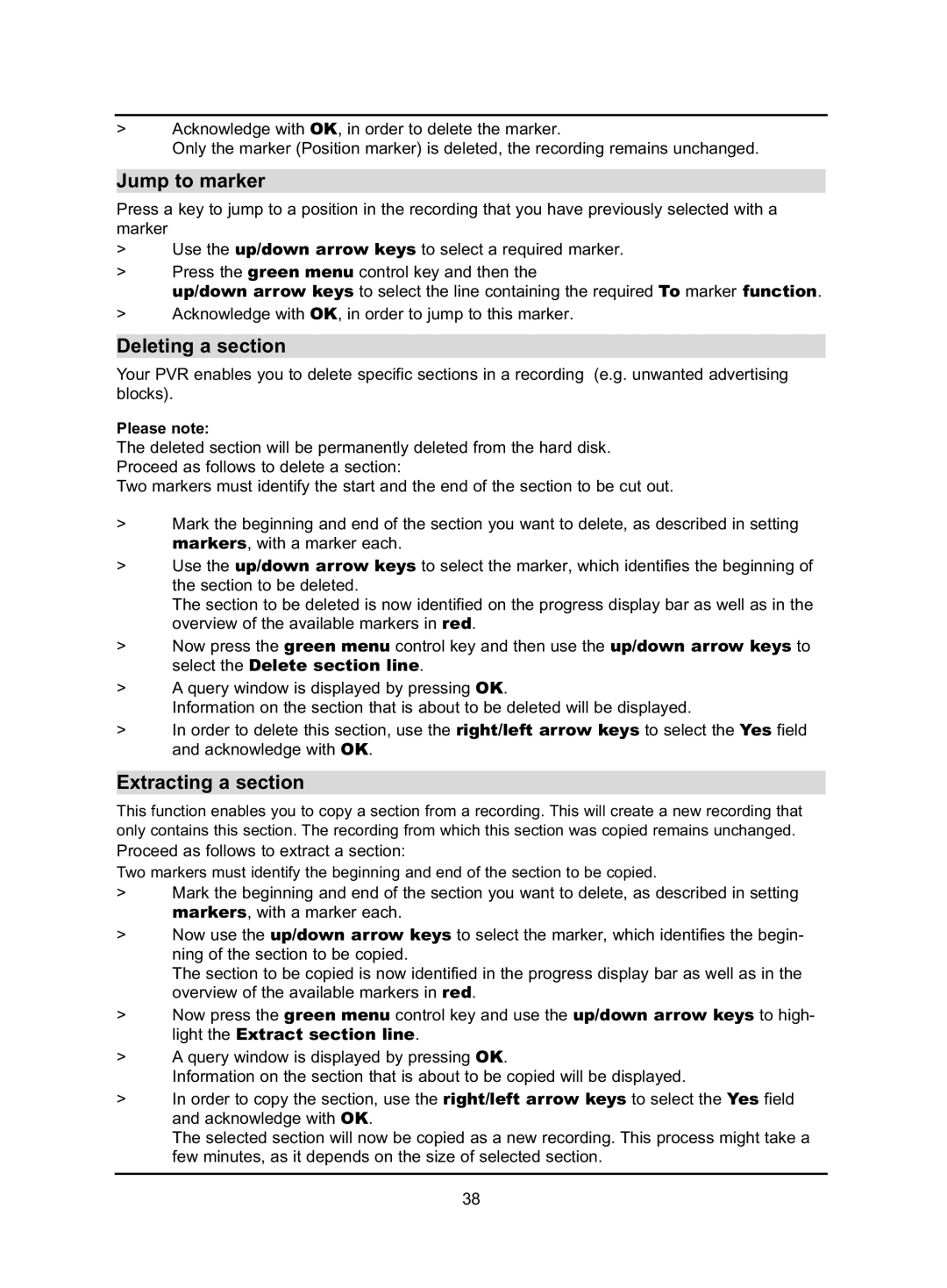 TechniSat HD-VISION 32 PVR, HD-VISION 40 PVR manual Jump to marker, Deleting a section, Extracting a section, Please note 
