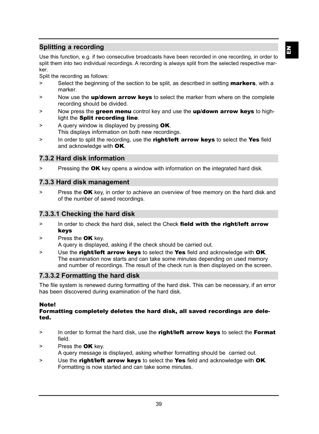 TechniSat HD-VISION 40 PVR Splitting a recording, Hard disk information, Hard disk management, Checking the hard disk 