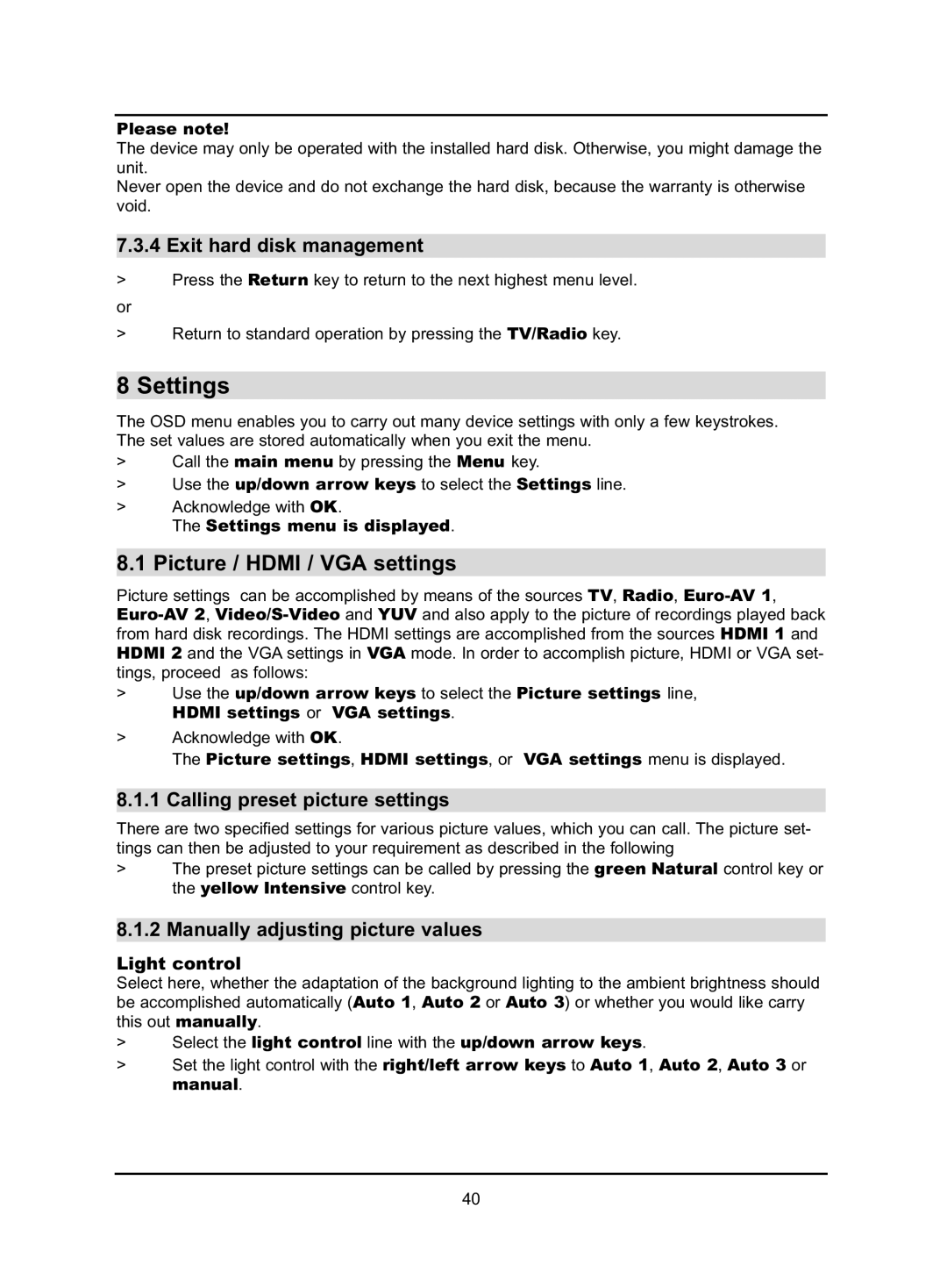 TechniSat HD-VISION 32 PVR, HD-VISION 40 PVR manual Settings, Picture / Hdmi / VGA settings, Exit hard disk management 