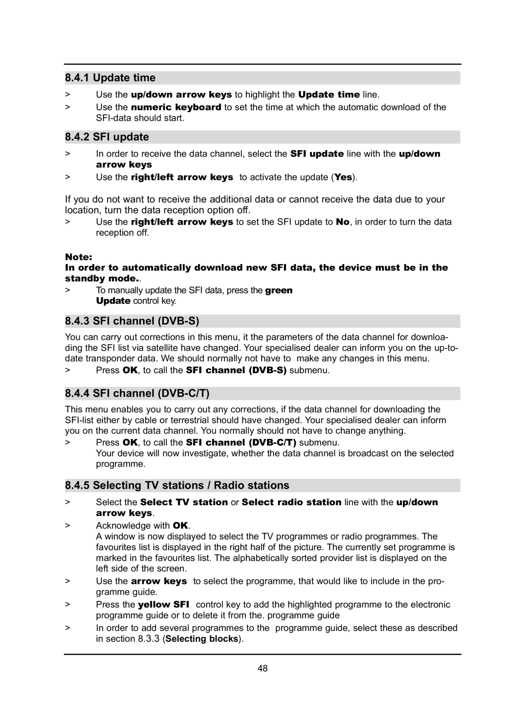 TechniSat HD-VISION 32 PVR, HD-VISION 40 PVR manual Update time, SFI update, SFI channel DVB-S, SFI channel DVB-C/T 