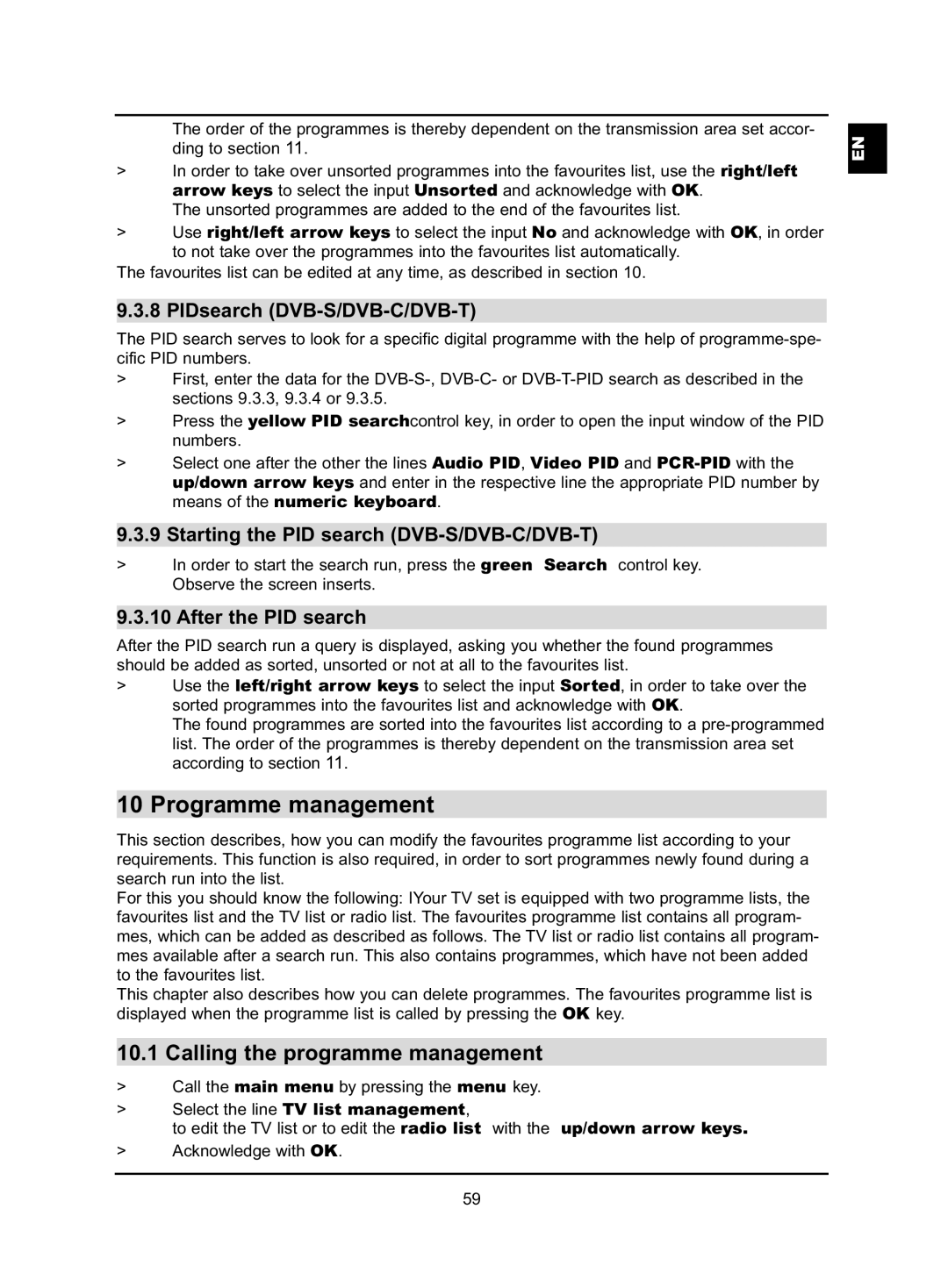 TechniSat HD-VISION 40 PVR manual Programme management, Calling the programme management, PIDsearch DVB-S/DVB-C/DVB-T 