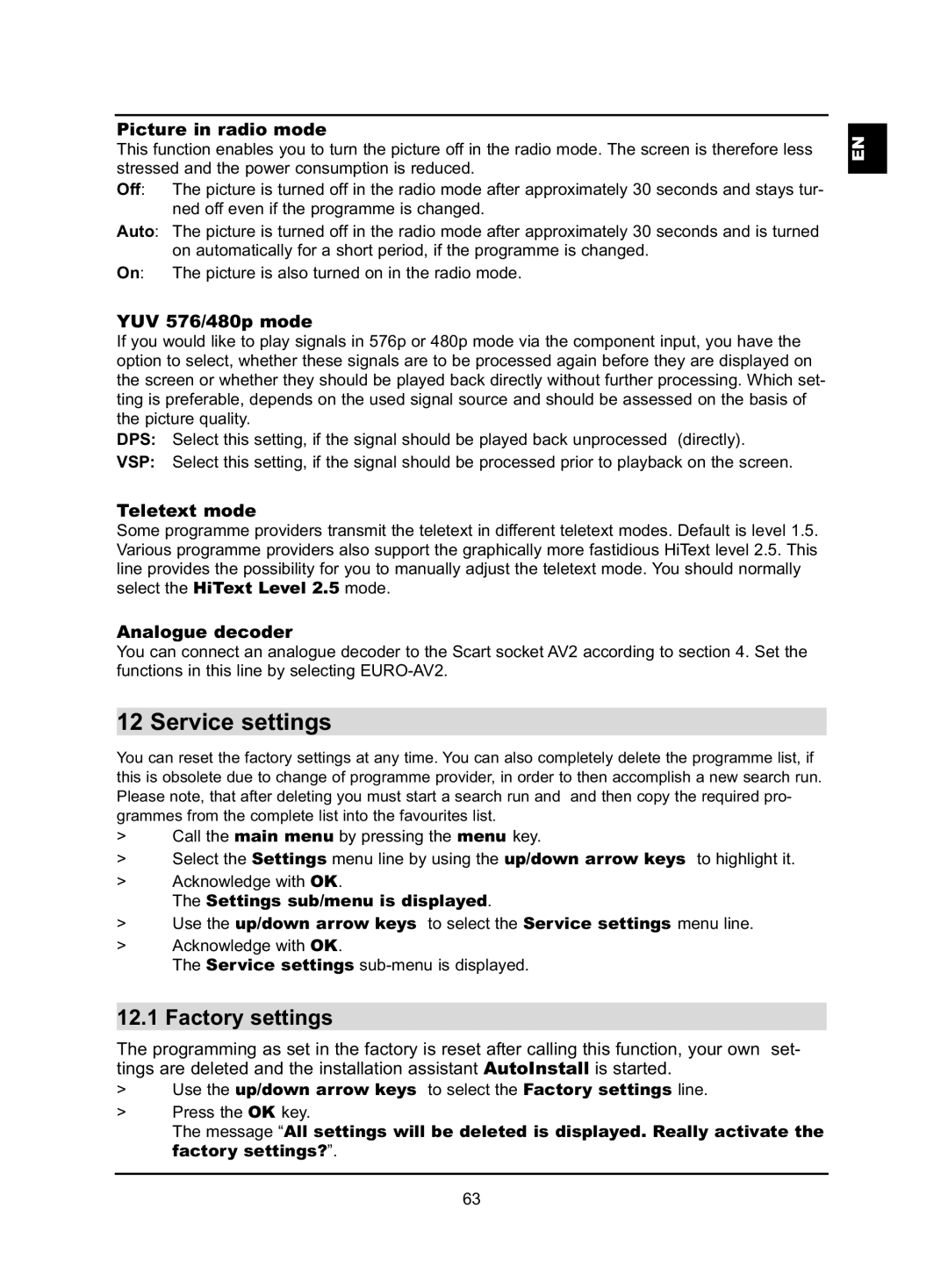 TechniSat HD-VISION 40 PVR, HD-VISION 32 PVR manual Service settings, Factory settings 