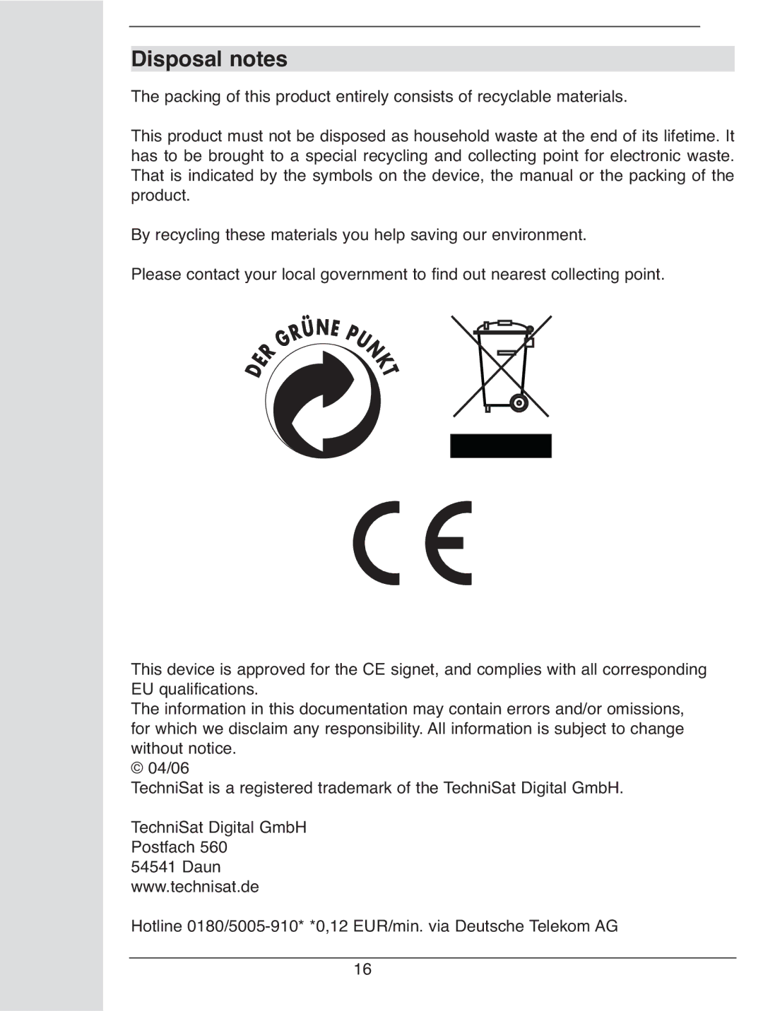 TechniSat i1 user manual Disposal notes 