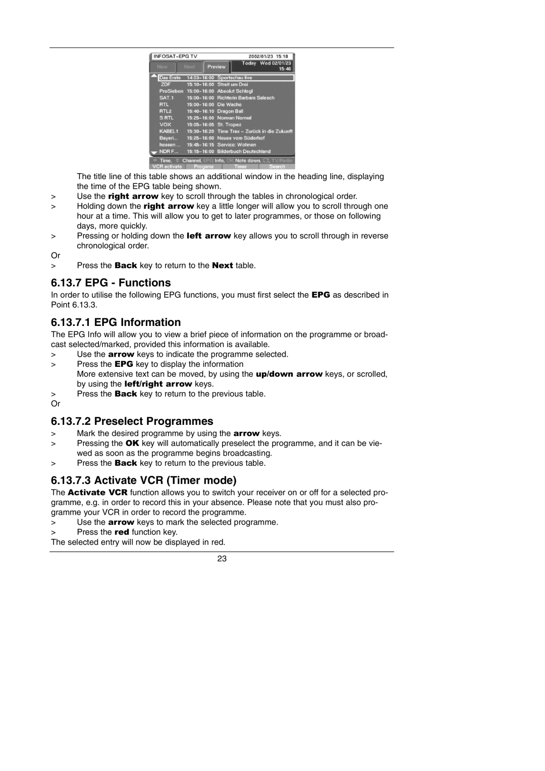 TechniSat Integrated IRDETO EPG Functions, EPG Information, Preselect Programmes, Activate VCR Timer mode 