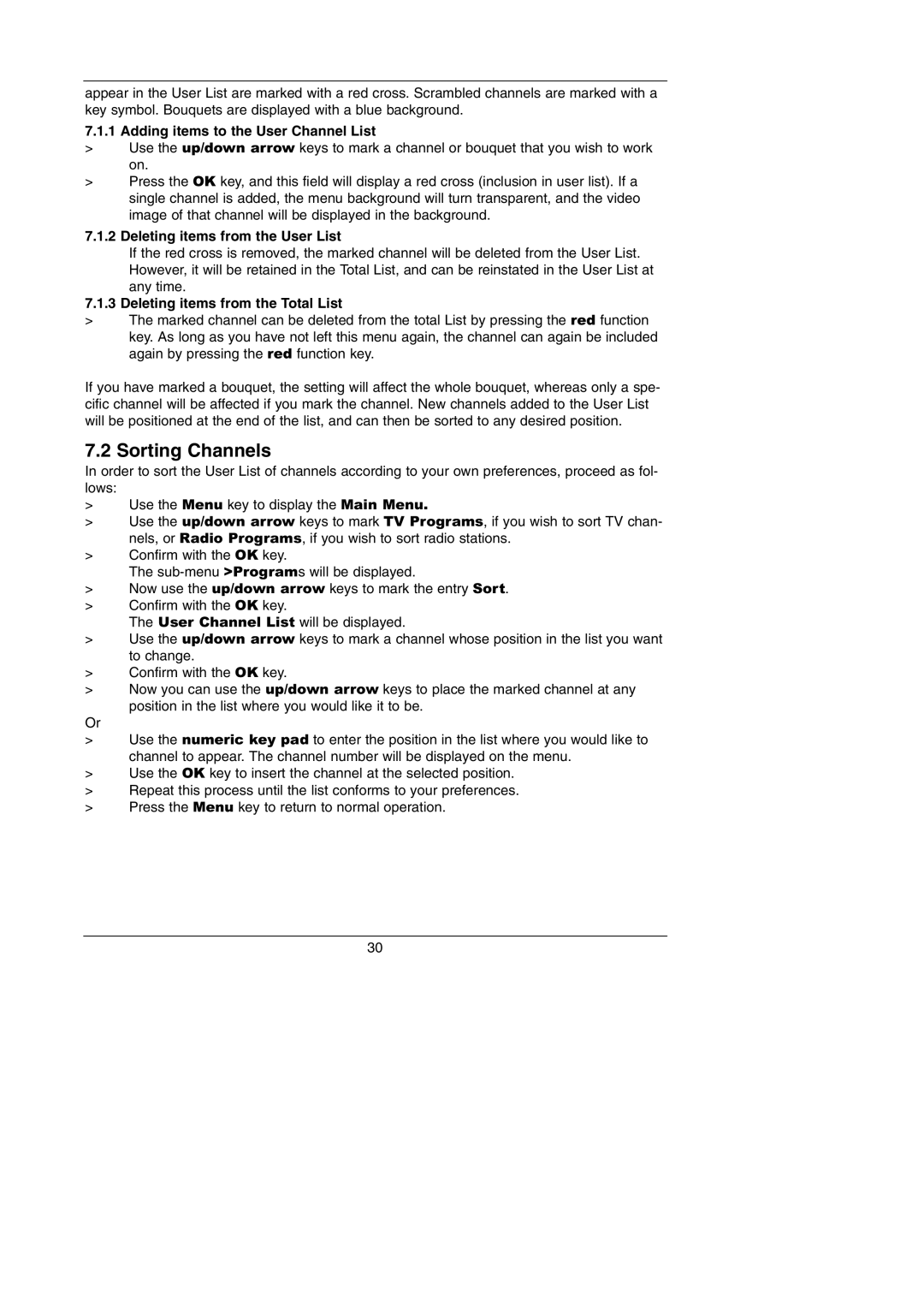 TechniSat Integrated IRDETO Sorting Channels, Adding items to the User Channel List, Deleting items from the User List 