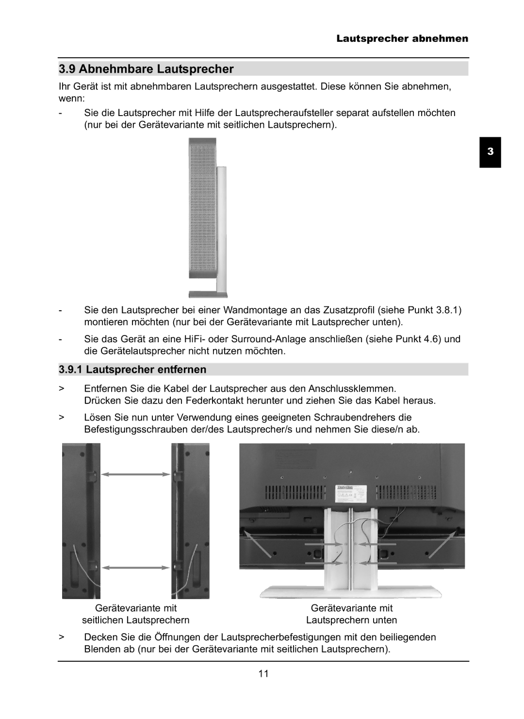 TechniSat LX66A manual Abnehmbare Lautsprecher, Lautsprecher entfernen, Lautsprecher abnehmen 