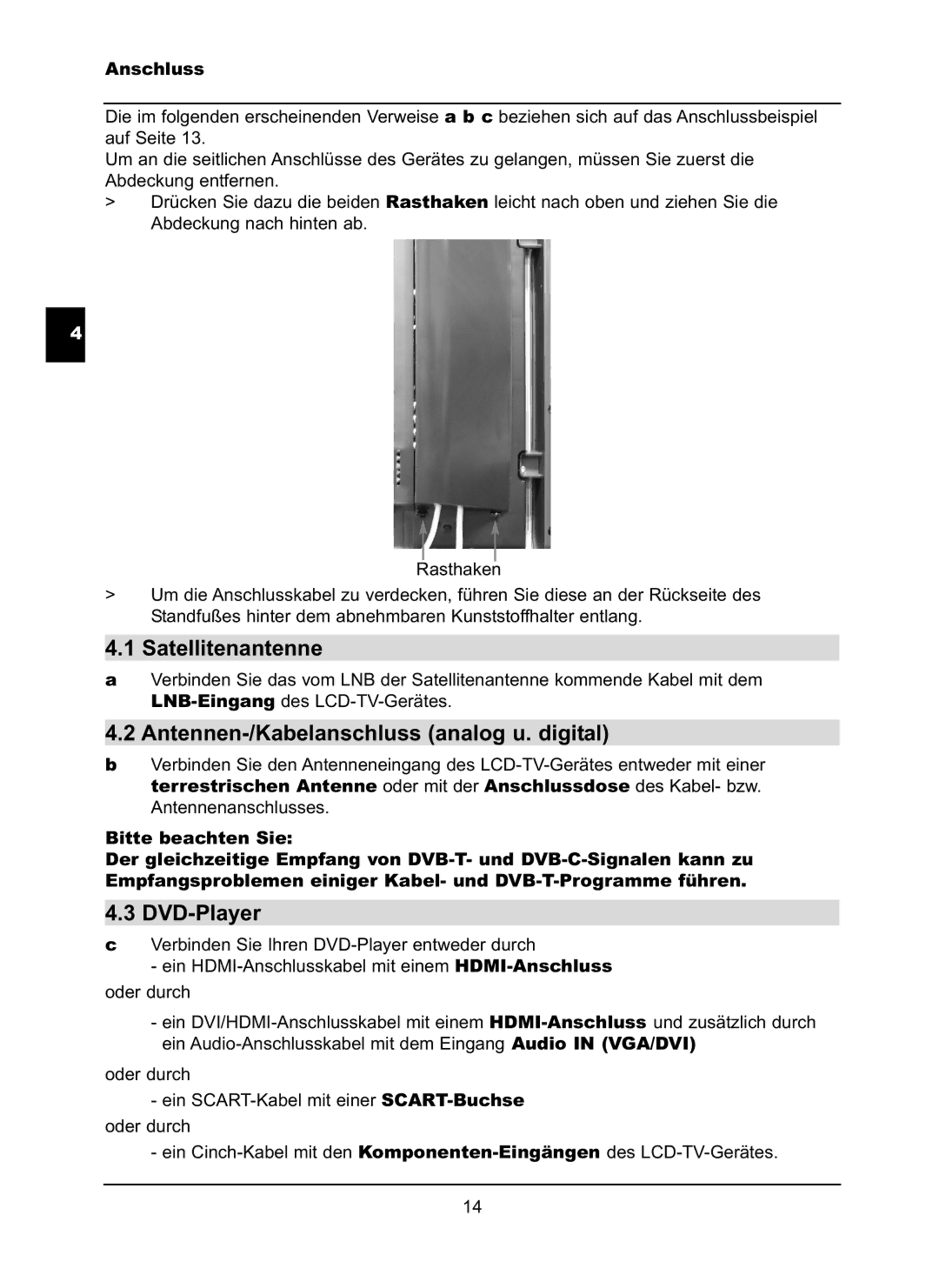 TechniSat LX66A manual Satellitenantenne, Antennen-/Kabelanschluss analog u. digital, DVD-Player, Bitte beachten Sie 