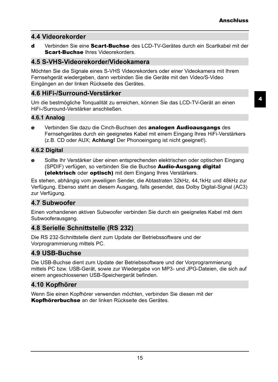 TechniSat LX66A manual VHS-Videorekorder/Videokamera, HiFi-/Surround-Verstärker, Subwoofer, Serielle Schnittstelle RS 