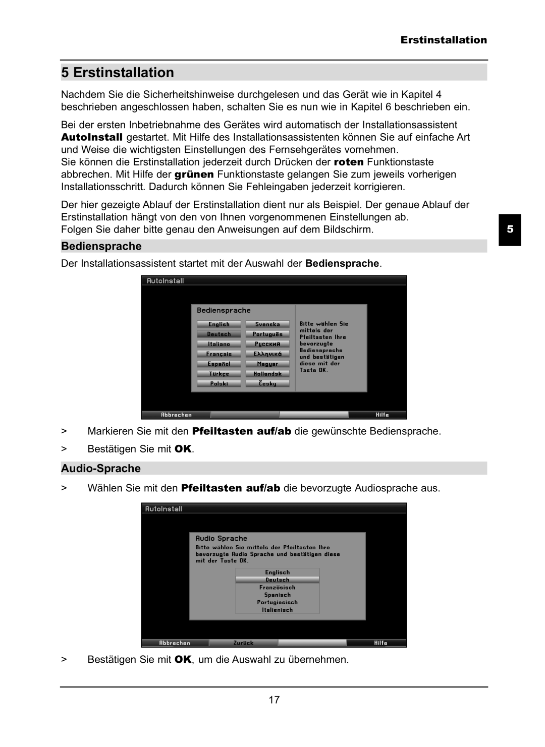 TechniSat LX66A manual Erstinstallation, Bediensprache, Audio-Sprache 