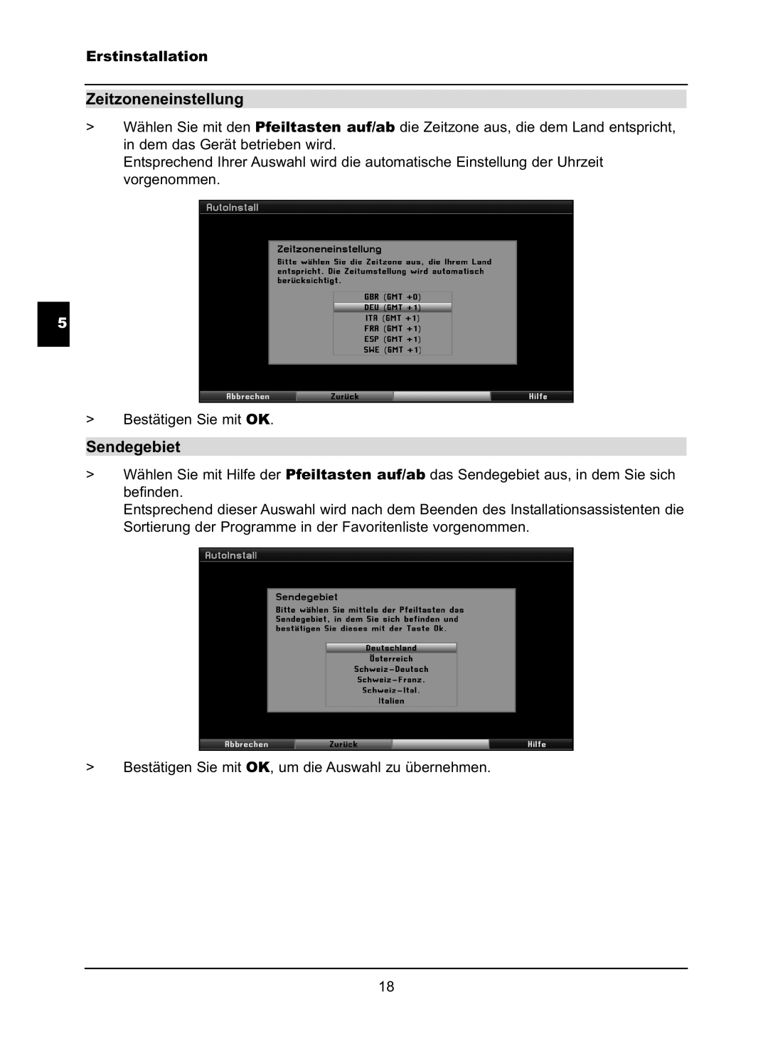 TechniSat LX66A manual Zeitzoneneinstellung, Sendegebiet 