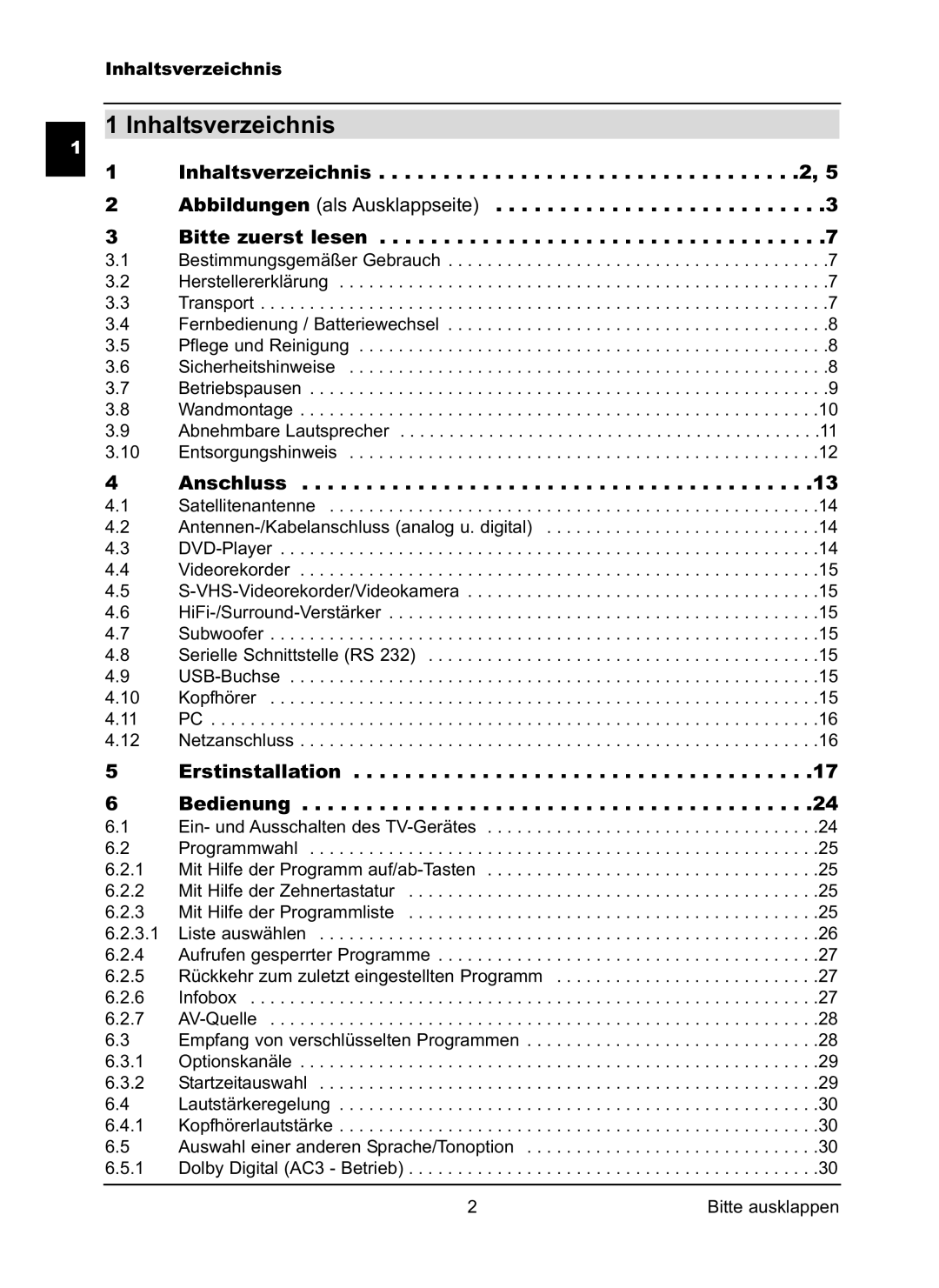 TechniSat LX66A manual Inhaltsverzeichnis, Anschluss, Erstinstallation Bedienung 