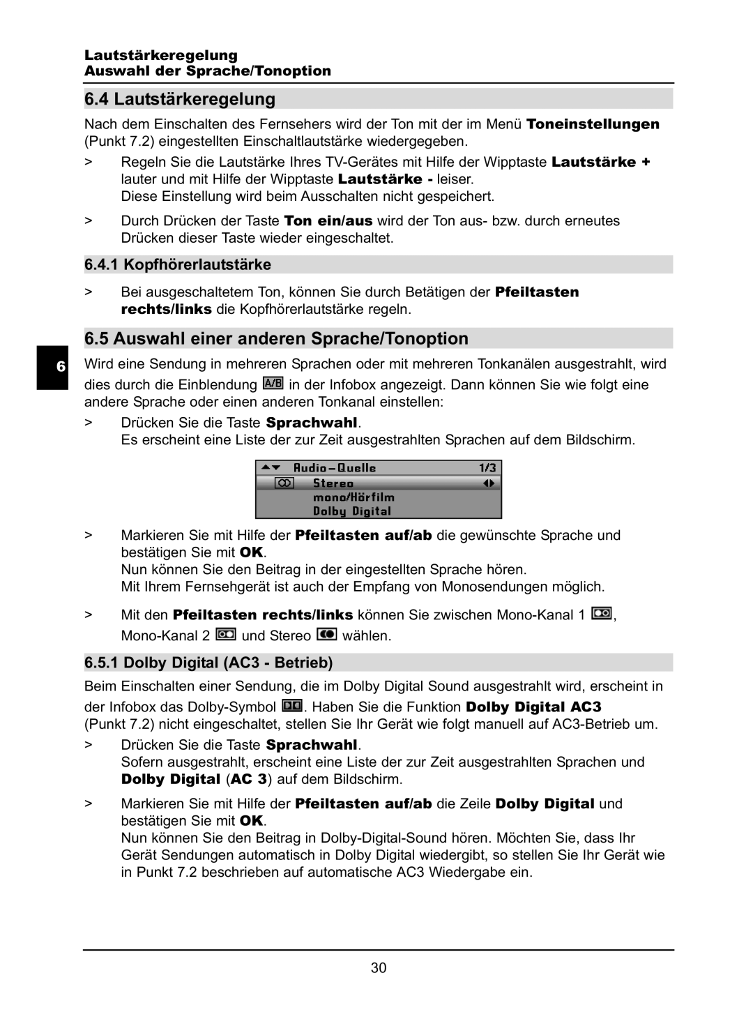 TechniSat LX66A manual Lautstärkeregelung, Auswahl einer anderen Sprache/Tonoption, Kopfhörerlautstärke 