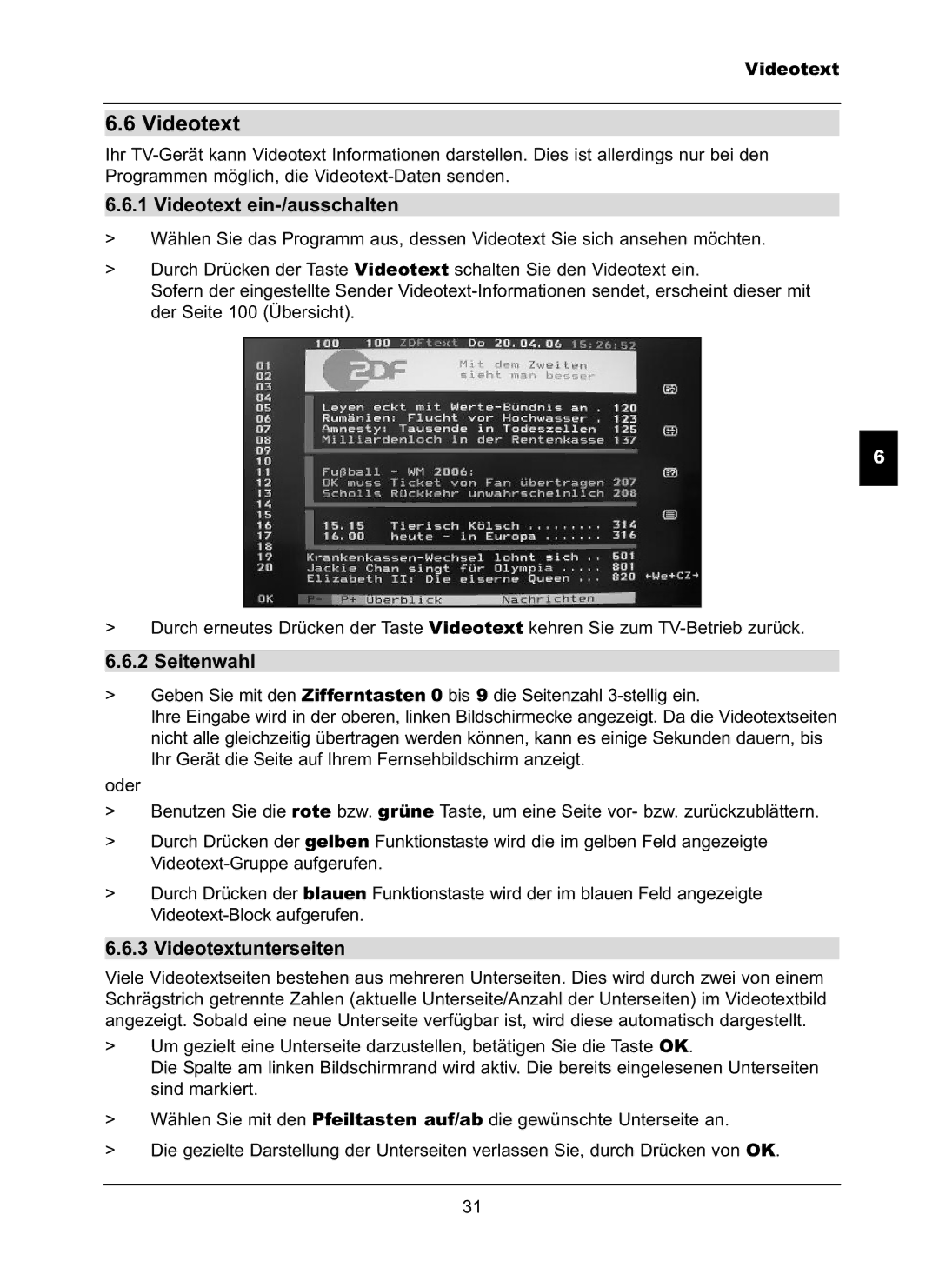 TechniSat LX66A manual Videotext ein-/ausschalten, Seitenwahl, Videotextunterseiten 