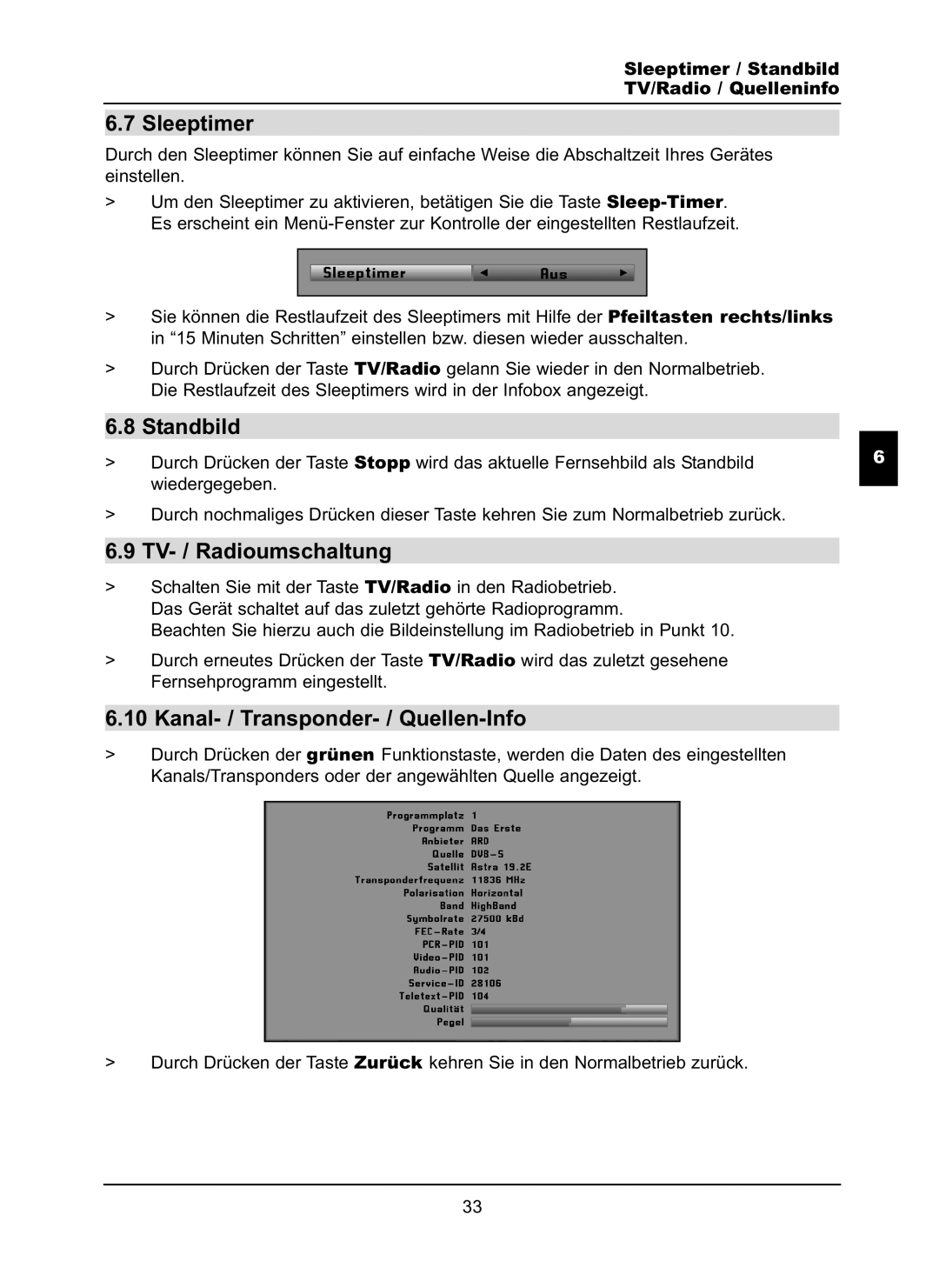 TechniSat LX66A manual Sleeptimer, Standbild, TV- / Radioumschaltung, Kanal- / Transponder- / Quellen-Info 