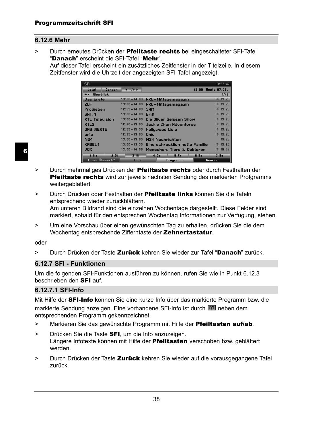 TechniSat LX66A manual Mehr, SFI Funktionen, SFI-Info 