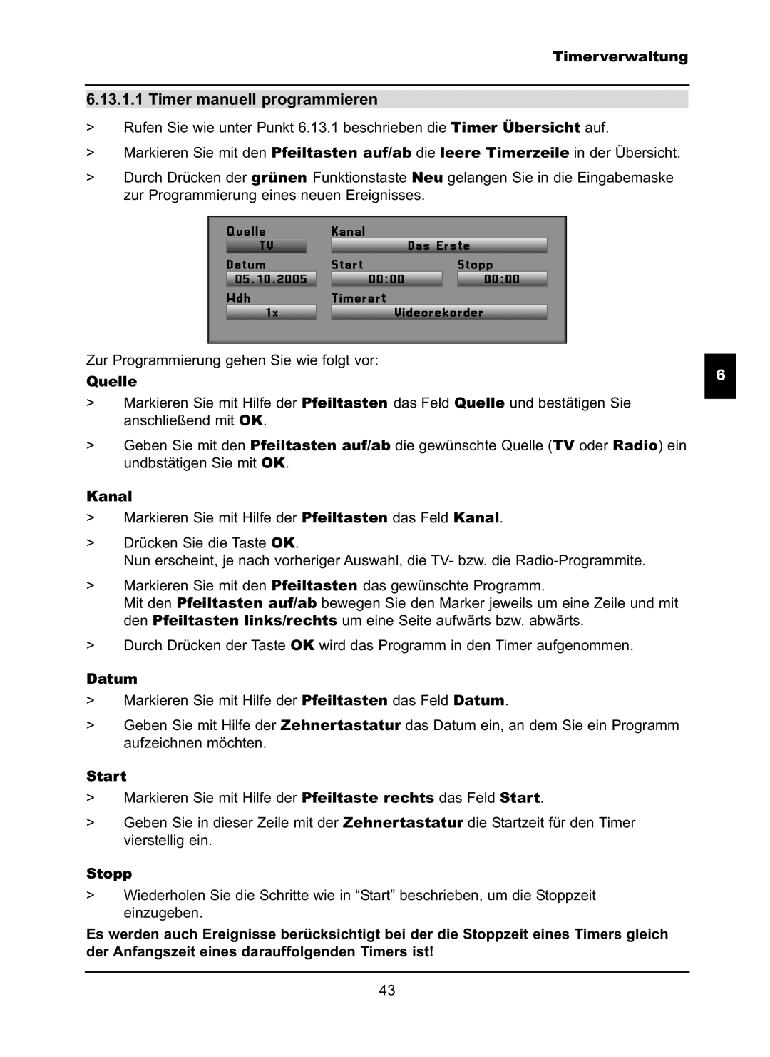 TechniSat LX66A manual Timer manuell programmieren, Kanal, Datum, Start, Stopp 