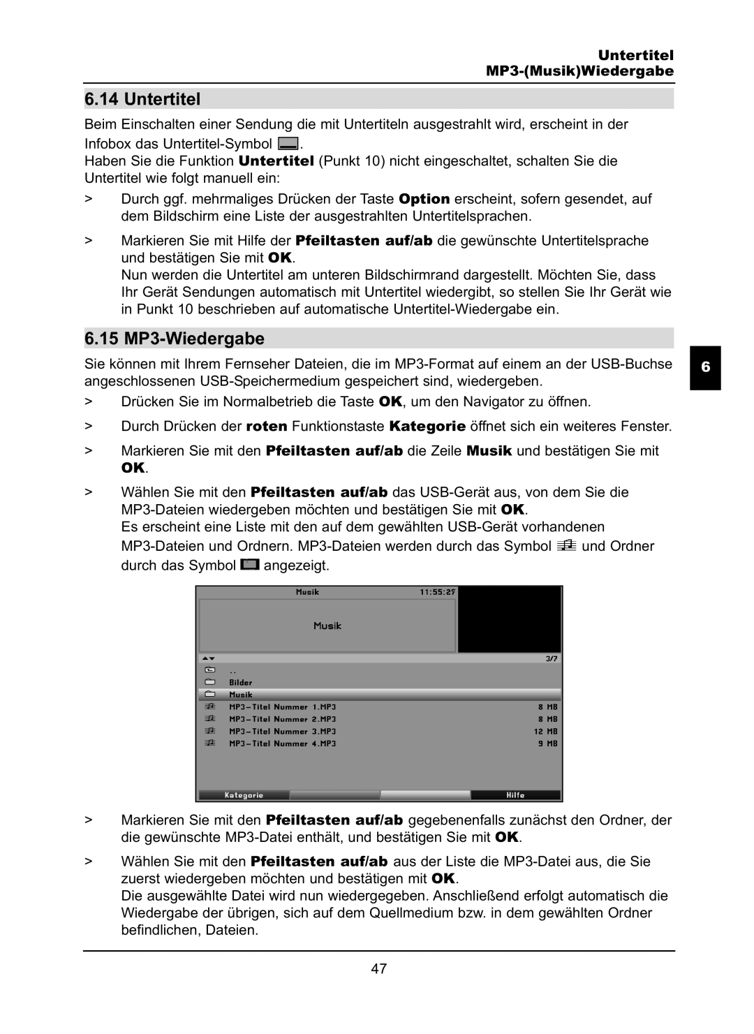 TechniSat LX66A manual 15 MP3-Wiedergabe, Untertitel MP3-MusikWiedergabe 