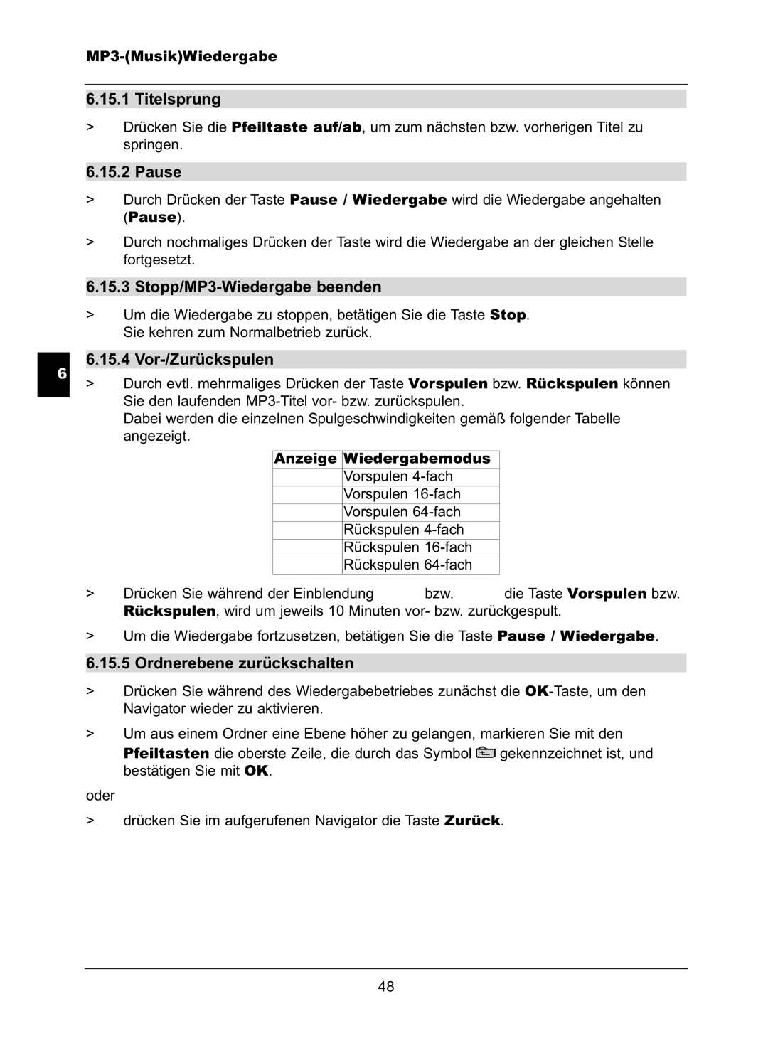 TechniSat LX66A manual Titelsprung, Pause, Stopp/MP3-Wiedergabe beenden, Vor-/Zurückspulen, Ordnerebene zurückschalten 