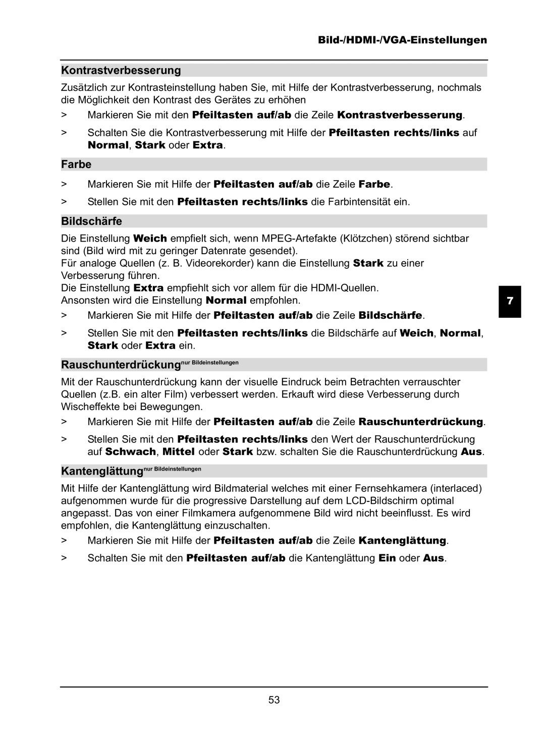 TechniSat LX66A manual Kontrastverbesserung, Farbe, Bildschärfe, Normal, Stark oder Extra, Stark oder Extra ein 