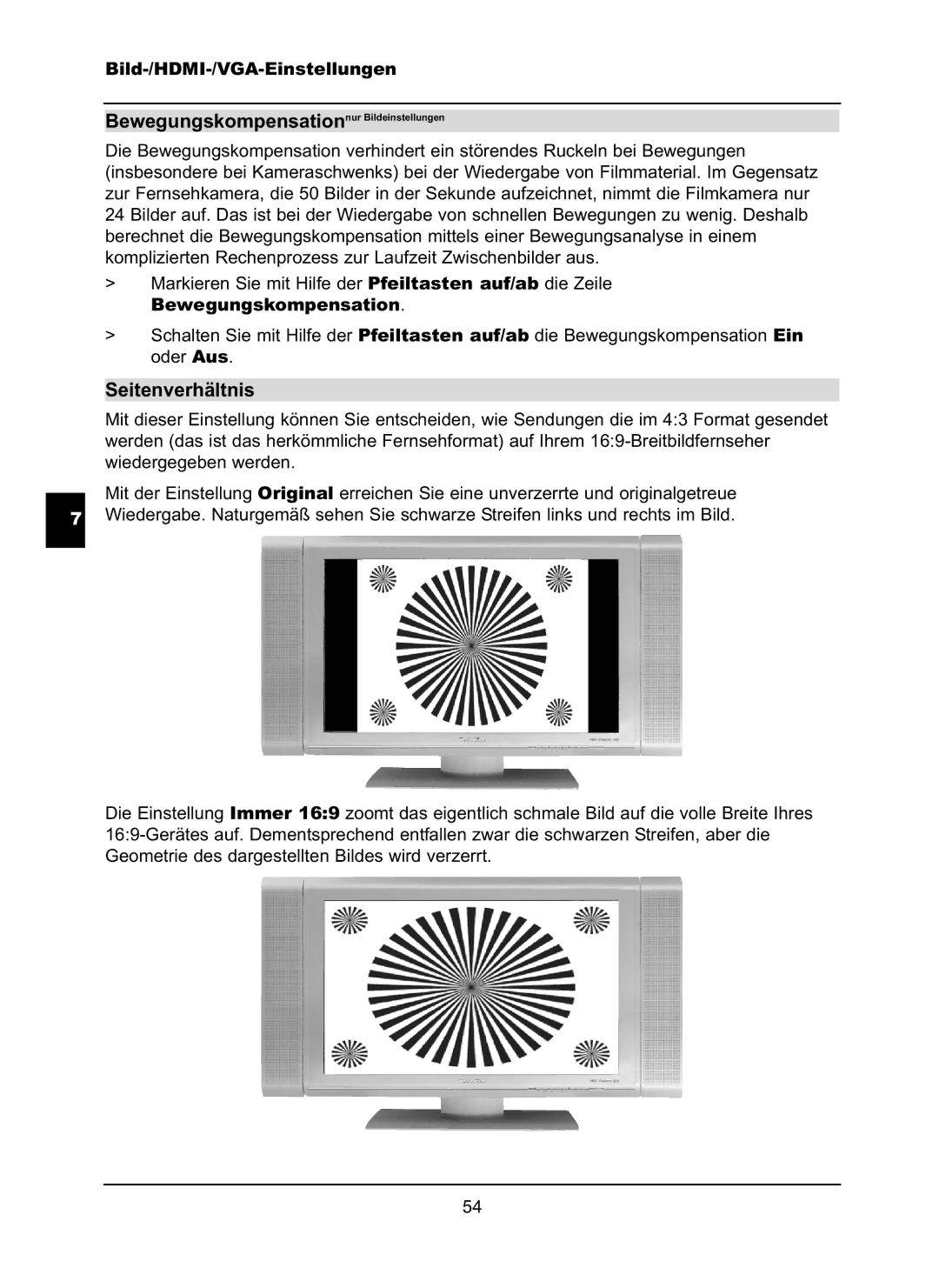 TechniSat LX66A manual Bewegungskompensationnur Bildeinstellungen, Seitenverhältnis 