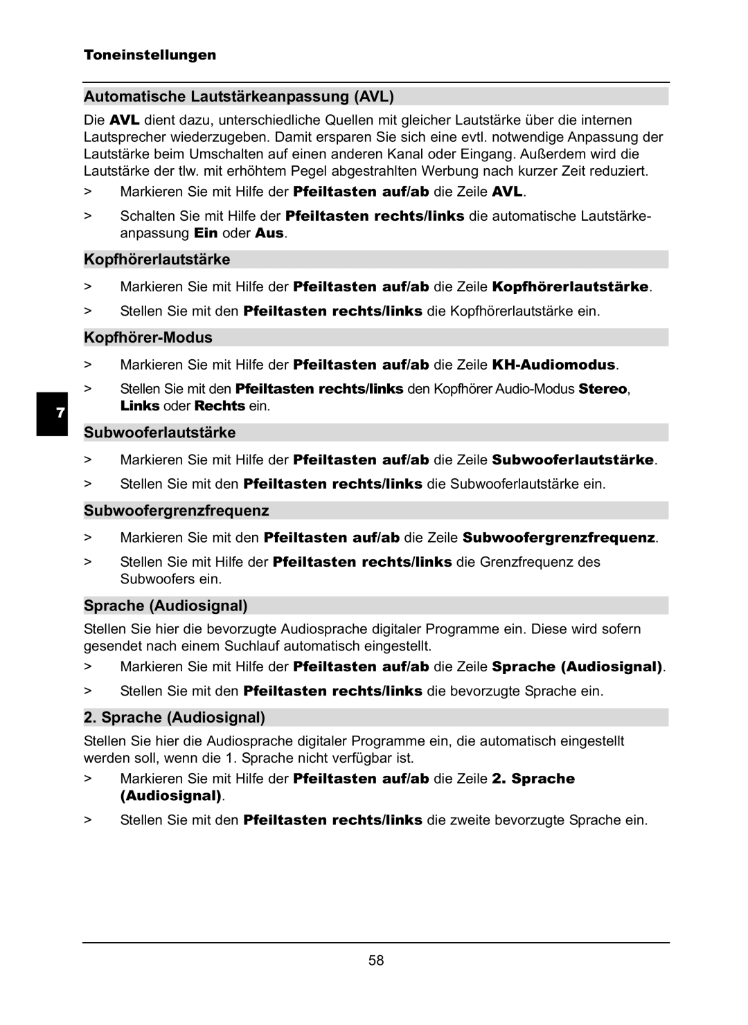 TechniSat LX66A manual Automatische Lautstärkeanpassung AVL, Kopfhörer-Modus, Subwooferlautstärke, Subwoofergrenzfrequenz 