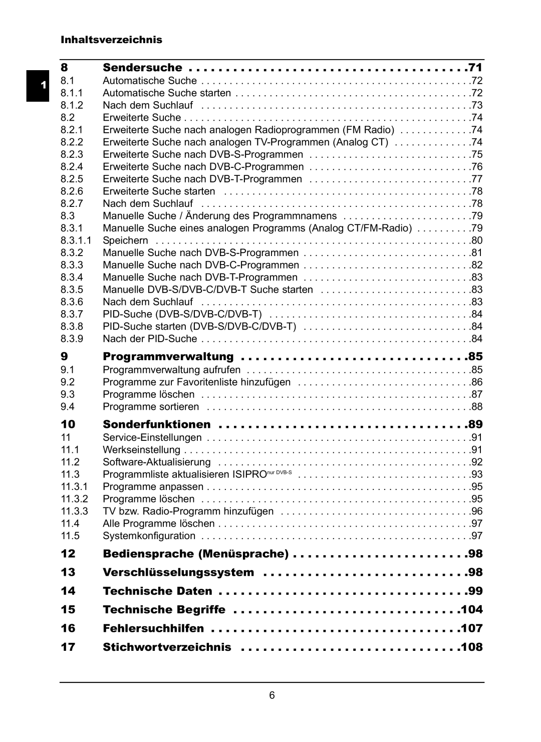 TechniSat LX66A manual Sendersuche, Programmverwaltung, Sonderfunktionen 