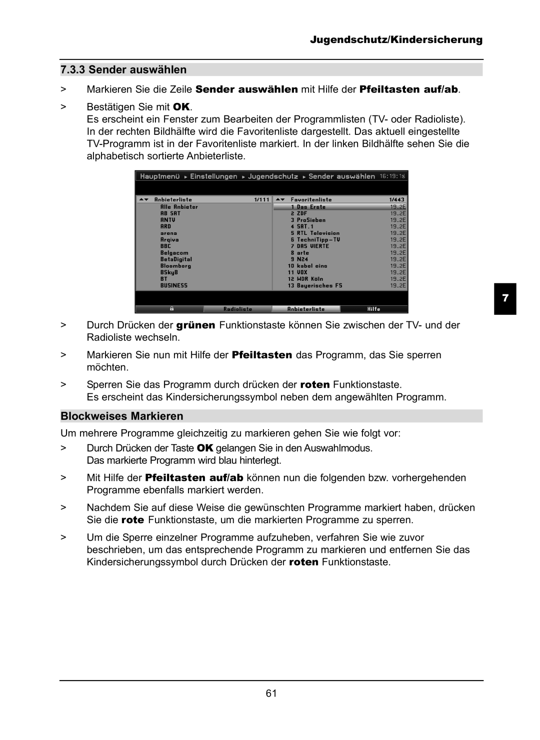 TechniSat LX66A manual Sender auswählen, Blockweises Markieren 