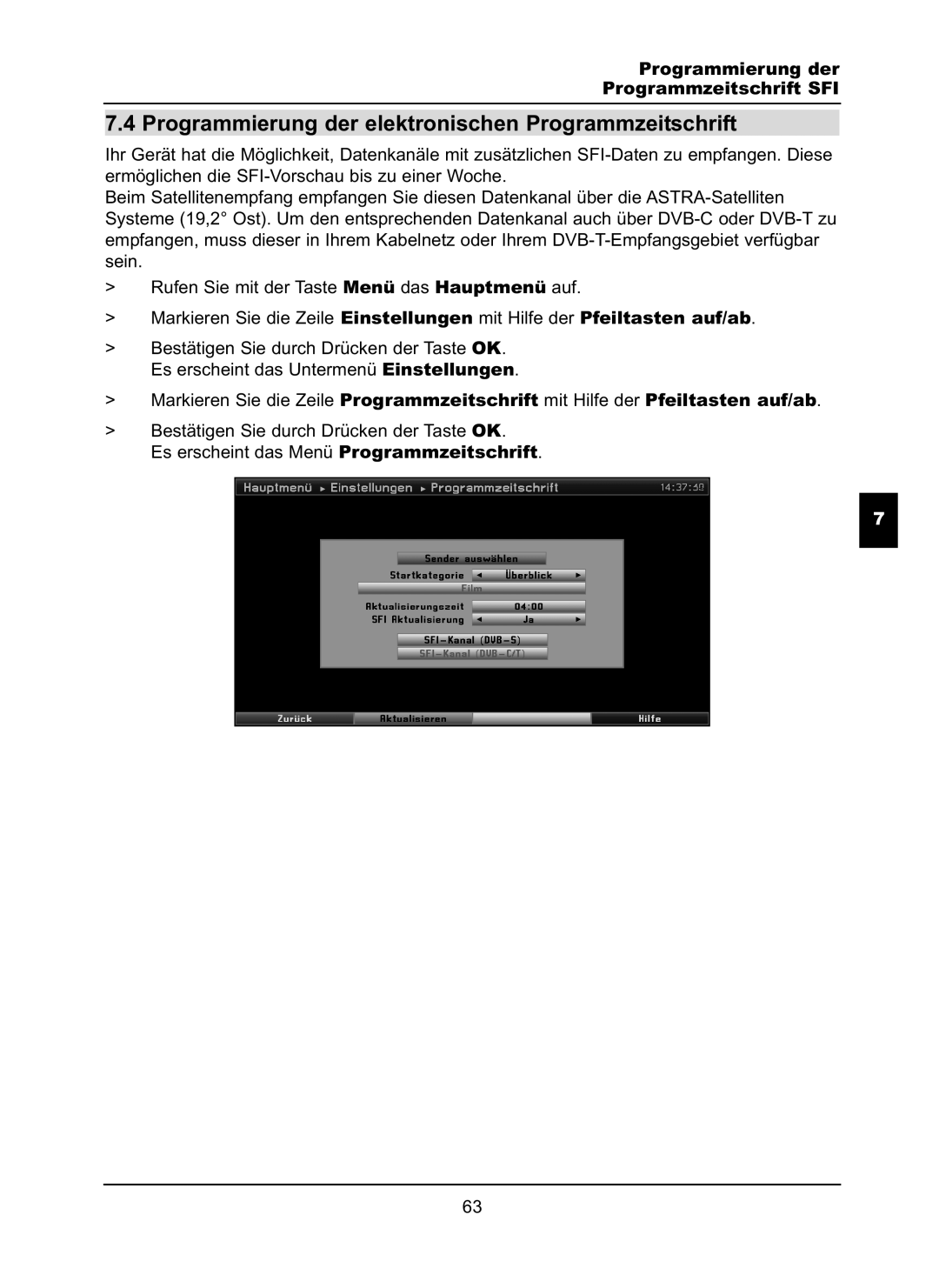 TechniSat LX66A manual Programmierung der elektronischen Programmzeitschrift, Programmierung der Programmzeitschrift SFI 