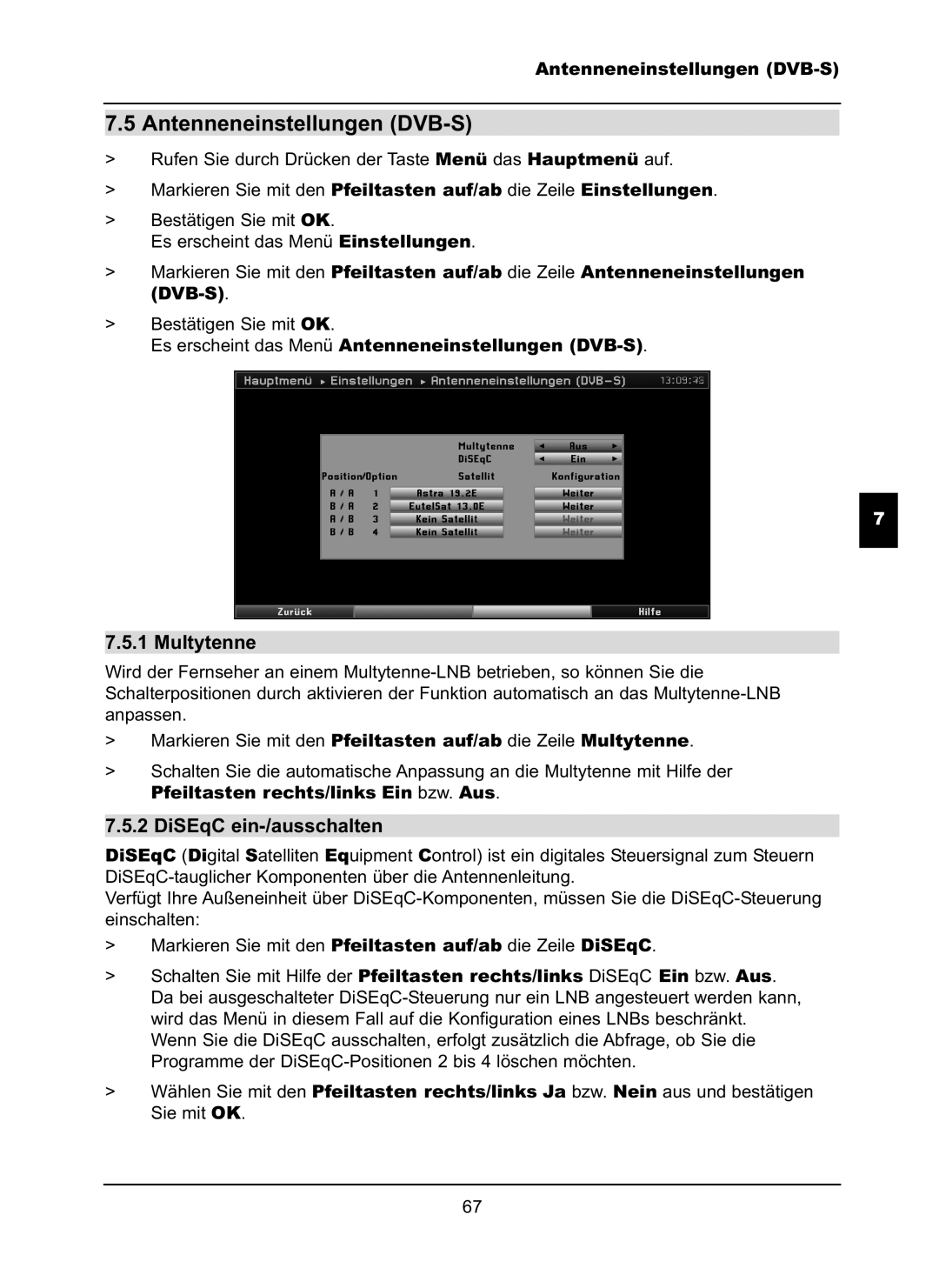 TechniSat LX66A manual Antenneneinstellungen DVB-S, Multytenne, DiSEqC ein-/ausschalten 