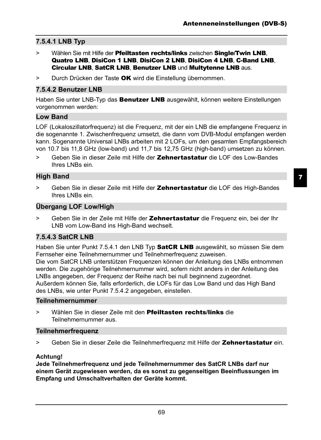 TechniSat LX66A manual LNB Typ, Benutzer LNB, Low Band, High Band, Übergang LOF Low/High, SatCR LNB, Teilnehmernummer 