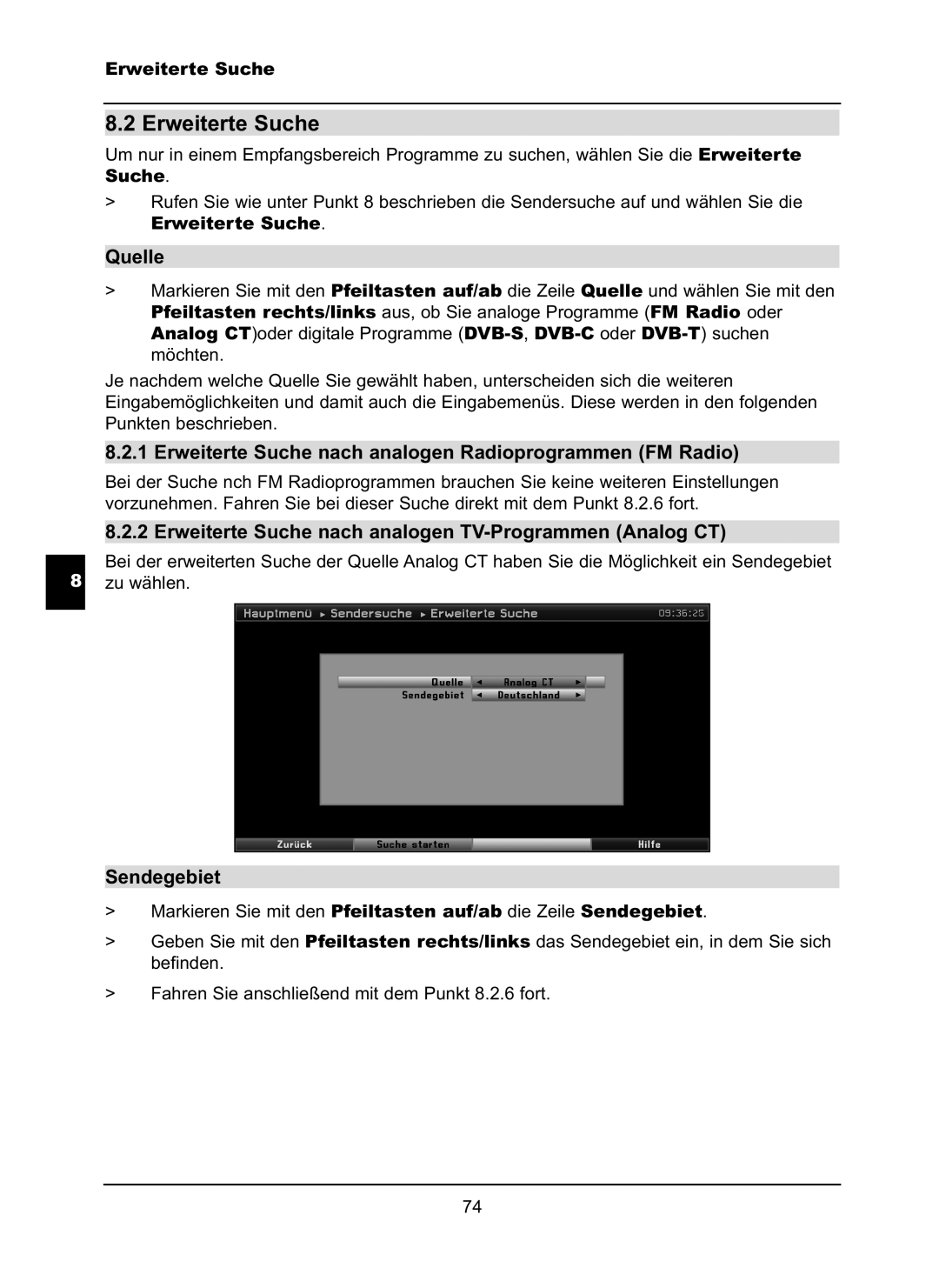 TechniSat LX66A manual Quelle, Erweiterte Suche nach analogen Radioprogrammen FM Radio 