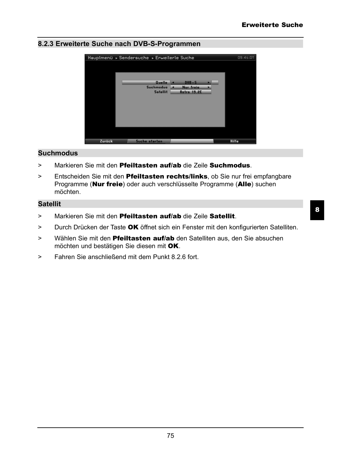 TechniSat LX66A manual Erweiterte Suche nach DVB-S-Programmen Suchmodus, Satellit 