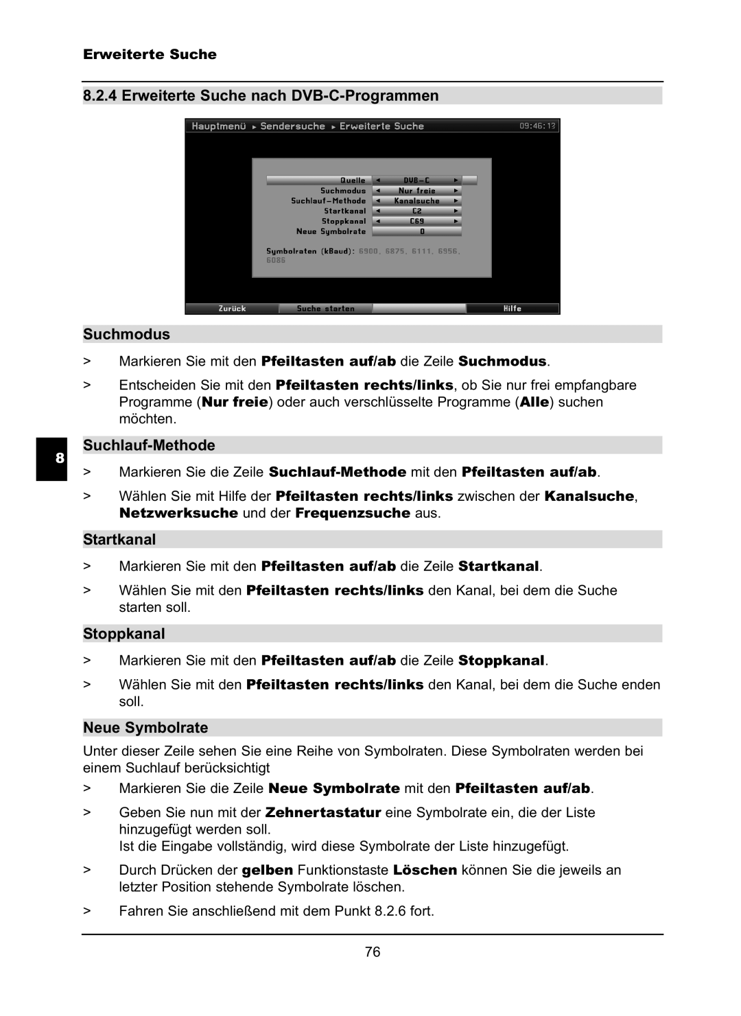 TechniSat LX66A manual Erweiterte Suche nach DVB-C-Programmen Suchmodus, Suchlauf-Methode, Startkanal, Stoppkanal 