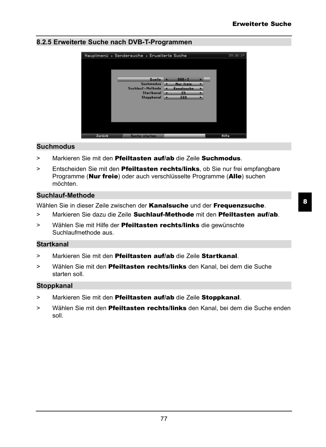 TechniSat LX66A manual Erweiterte Suche nach DVB-T-Programmen Suchmodus 