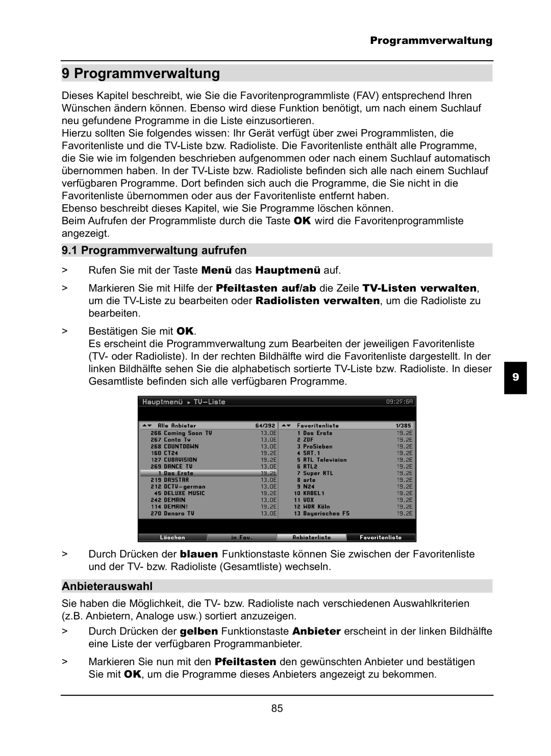 TechniSat LX66A manual Programmverwaltung aufrufen, Anbieterauswahl 