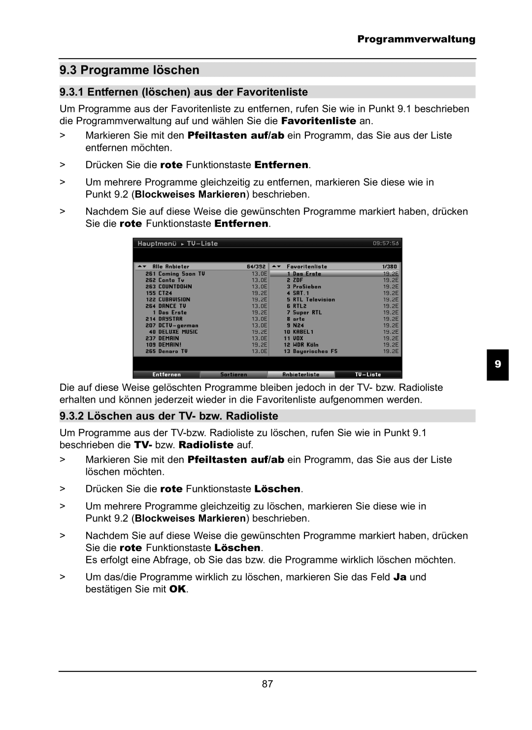 TechniSat LX66A manual Programme löschen, Entfernen löschen aus der Favoritenliste, 2 Löschen aus der TV- bzw. Radioliste 