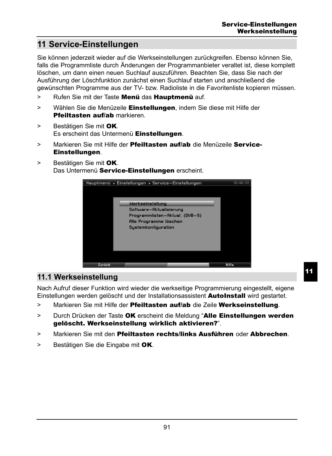 TechniSat LX66A manual Service-Einstellungen Werkseinstellung, Pfeiltasten auf/ab markieren 