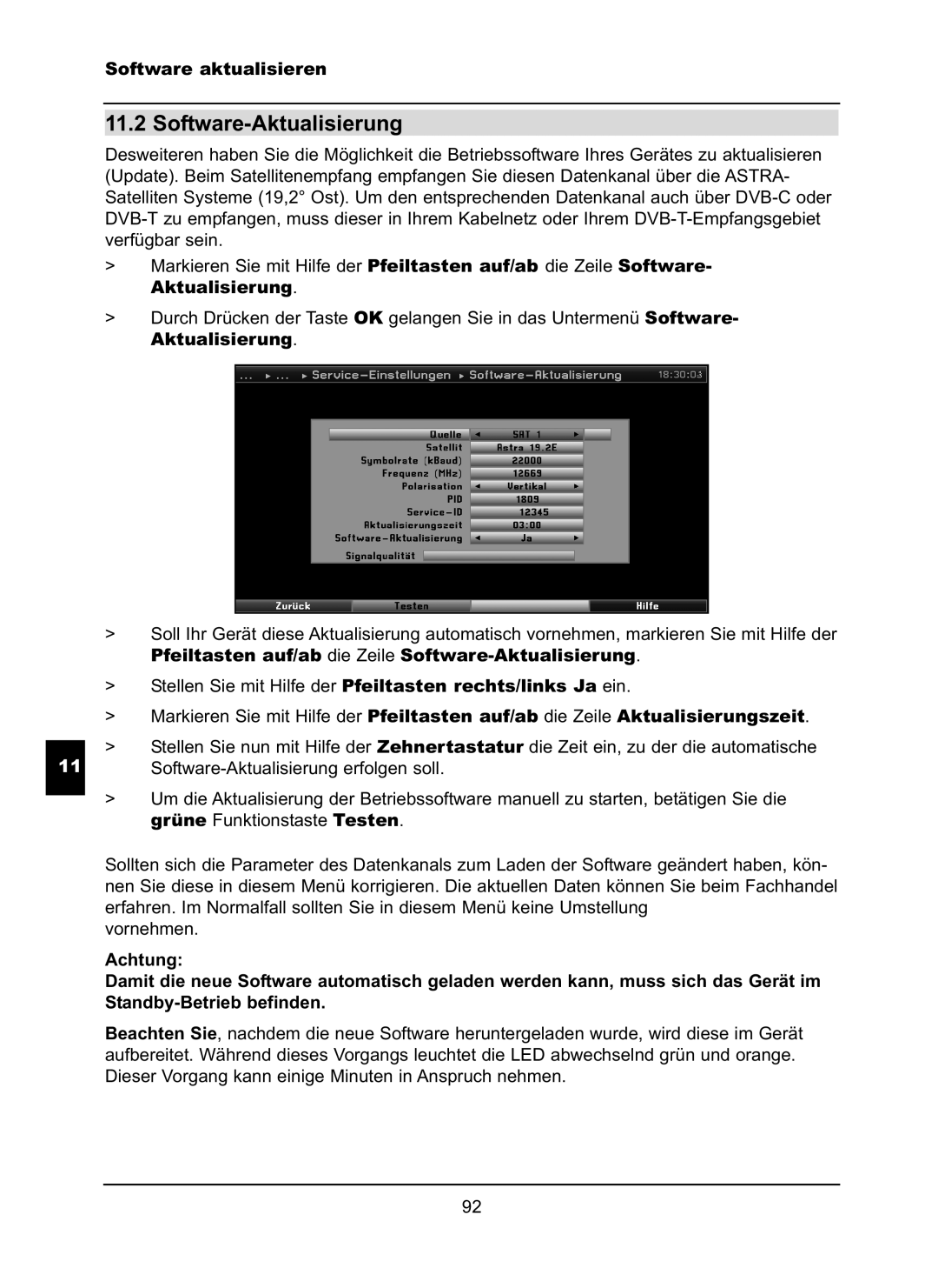 TechniSat LX66A manual Software aktualisieren, Pfeiltasten auf/ab die Zeile Software-Aktualisierung 