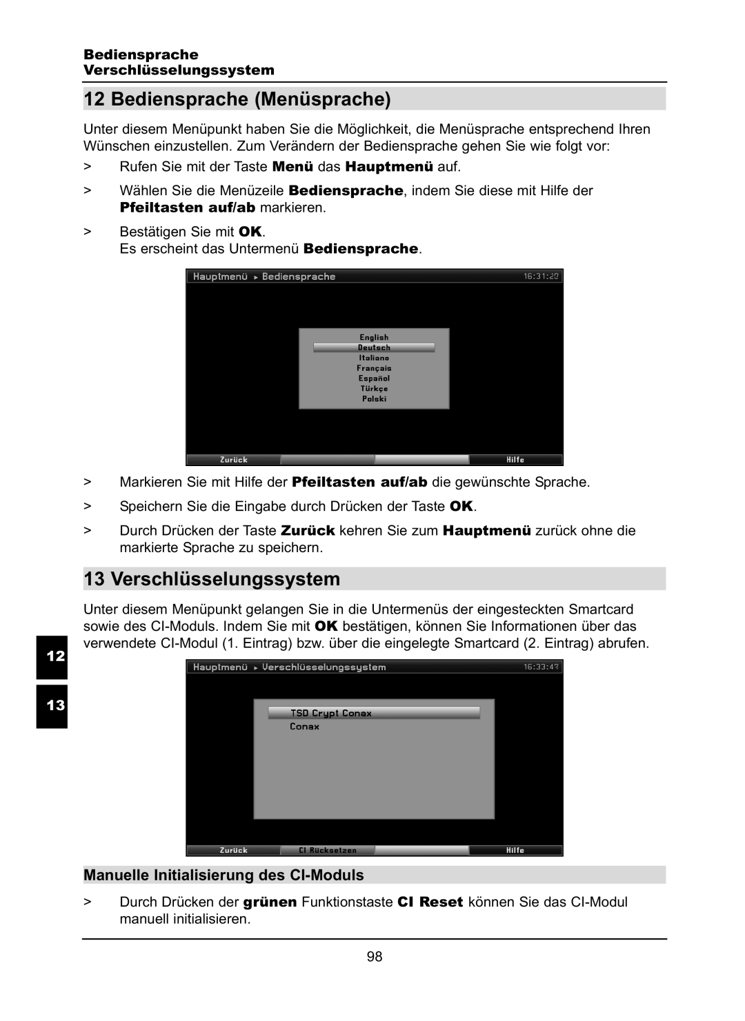 TechniSat LX66A manual Bediensprache Menüsprache, Verschlüsselungssystem, Manuelle Initialisierung des CI-Moduls 