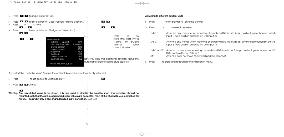 TechniSat MultyFocus operating instructions Optimise skew 132 MENU/OK/STOP 