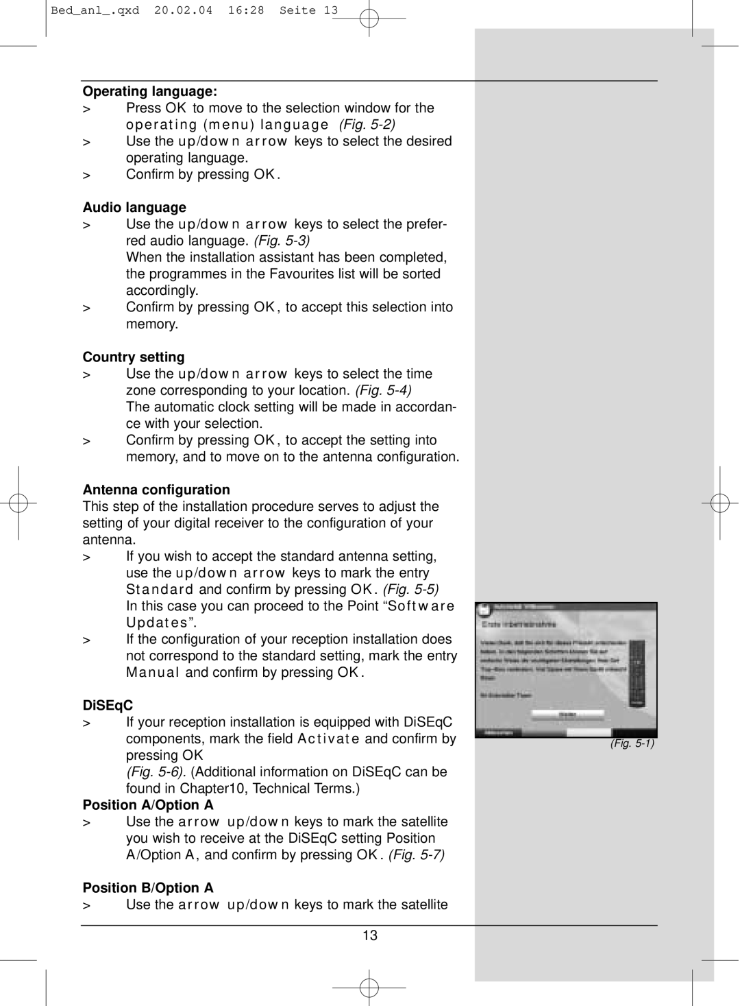 TechniSat S1 manual Operating language, Audio language, Country setting, Antenna configuration, DiSEqC, Position A/Option a 