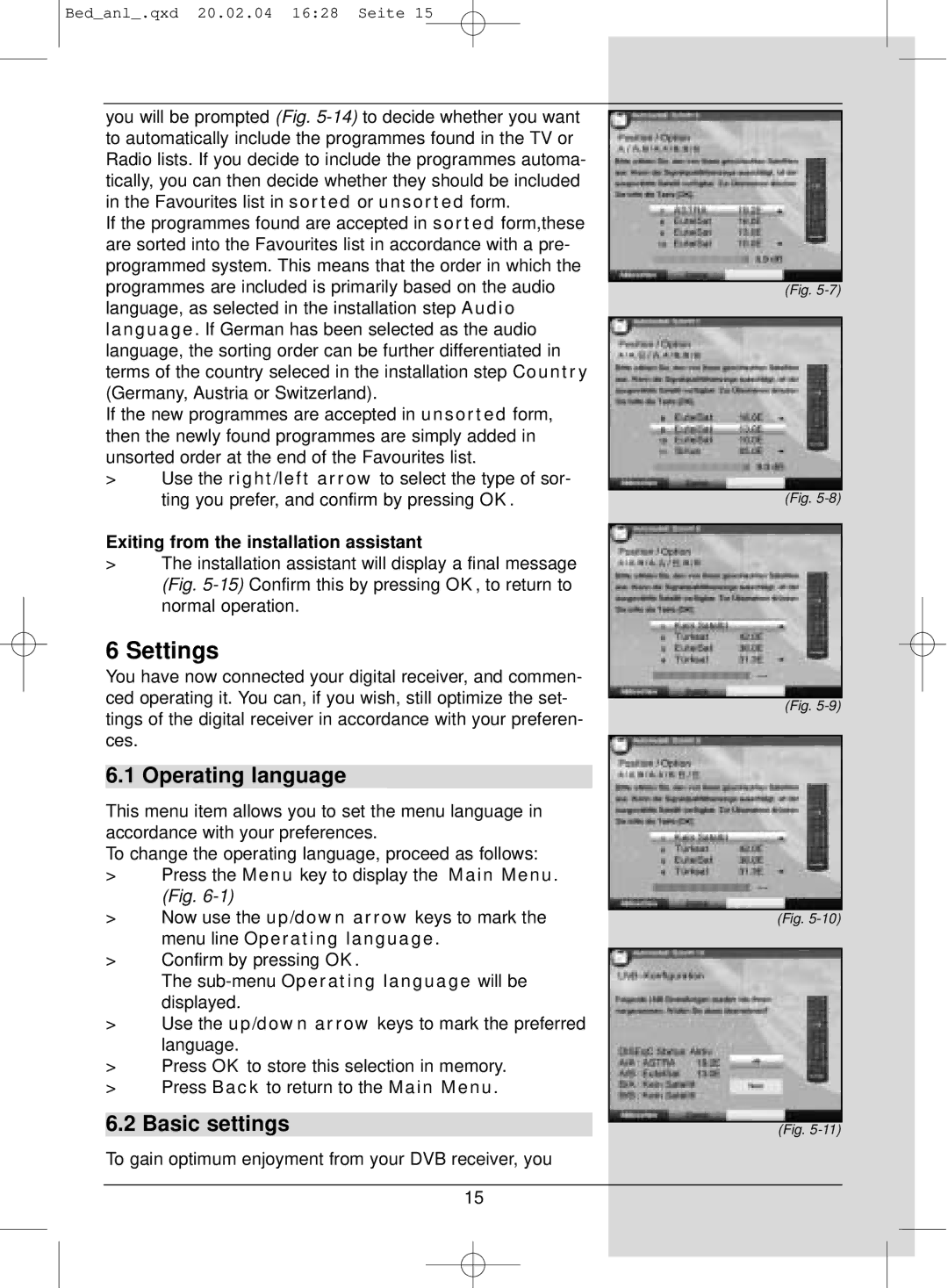 TechniSat S1 manual Settings, Operating language, Basic settings, Exiting from the installation assistant 