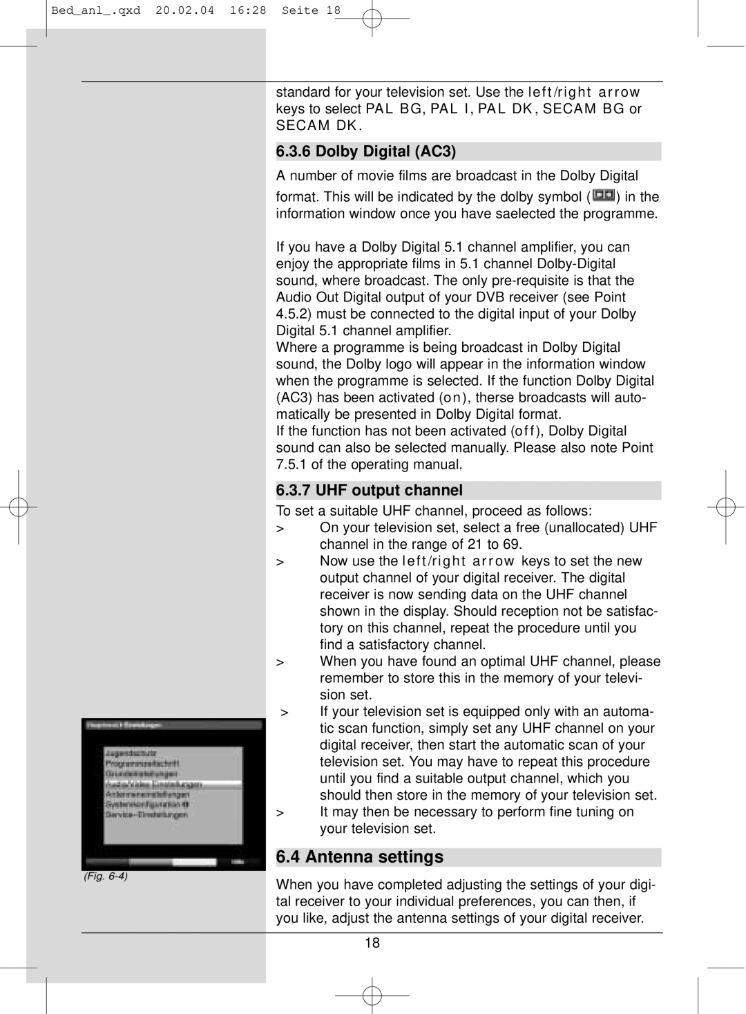 TechniSat S1 manual Antenna settings, Dolby Digital AC3, UHF output channel 