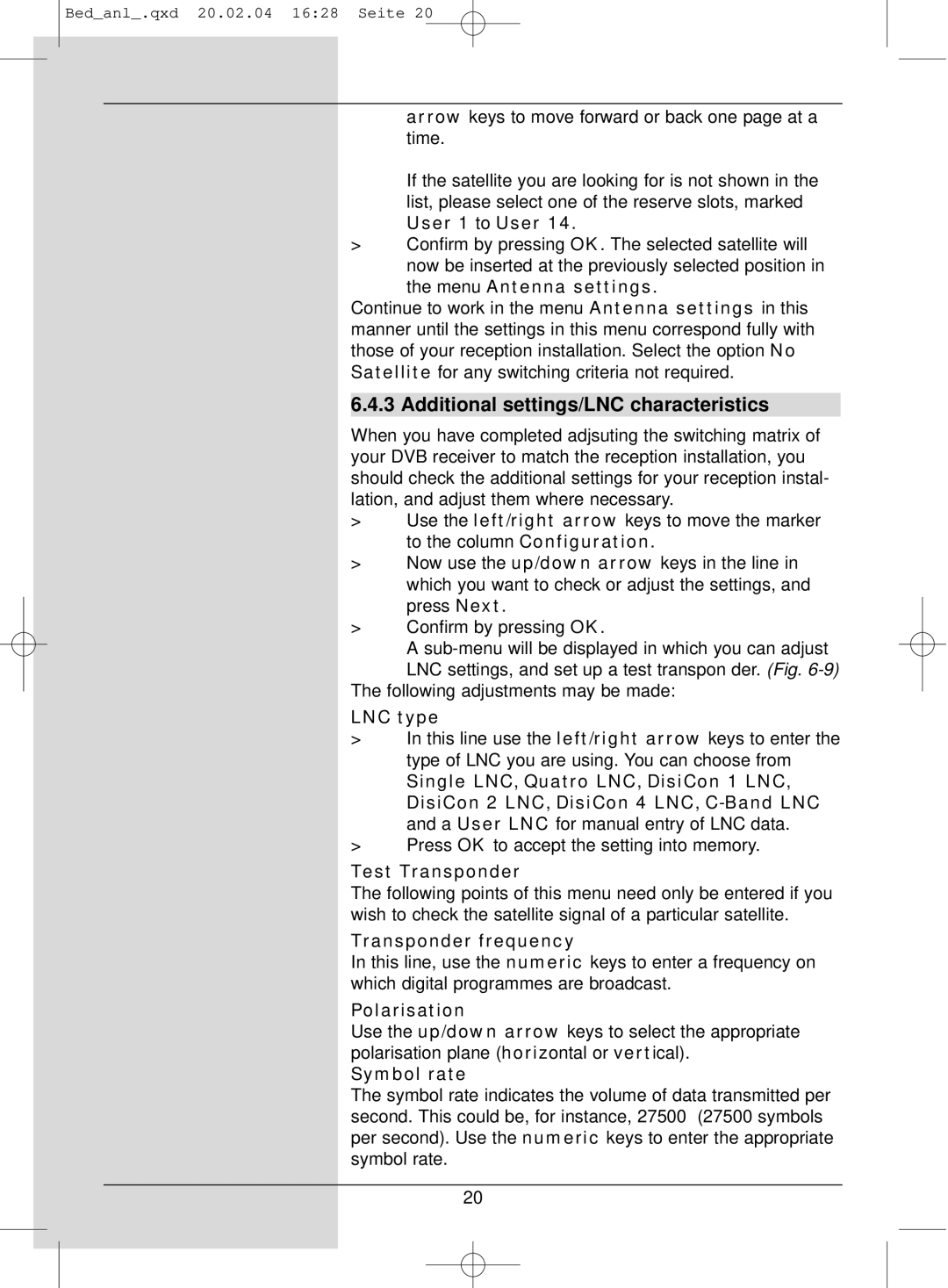 TechniSat S1 manual Additional settings/LNC characteristics 