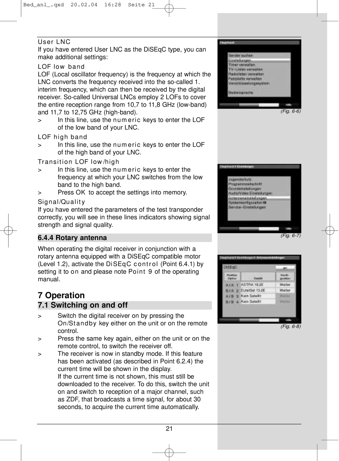 TechniSat S1 manual Operation, Switching on and off, Rotary antenna 