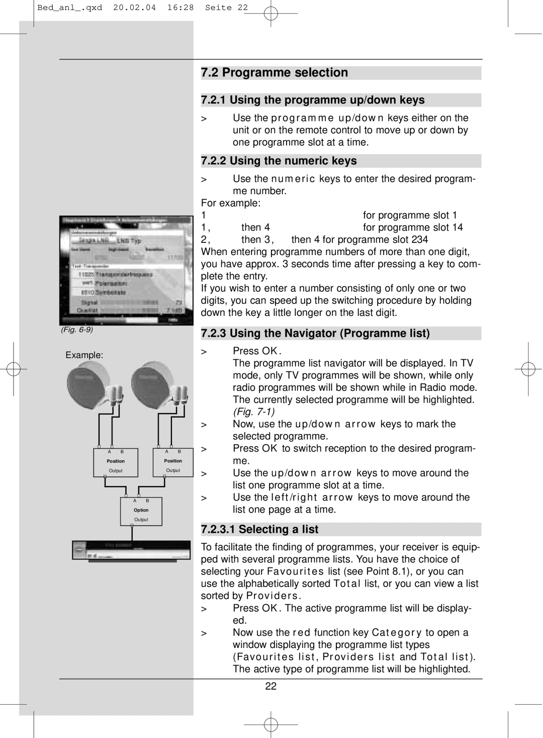 TechniSat S1 manual Programme selection, Using the programme up/down keys, Using the numeric keys, Selecting a list 