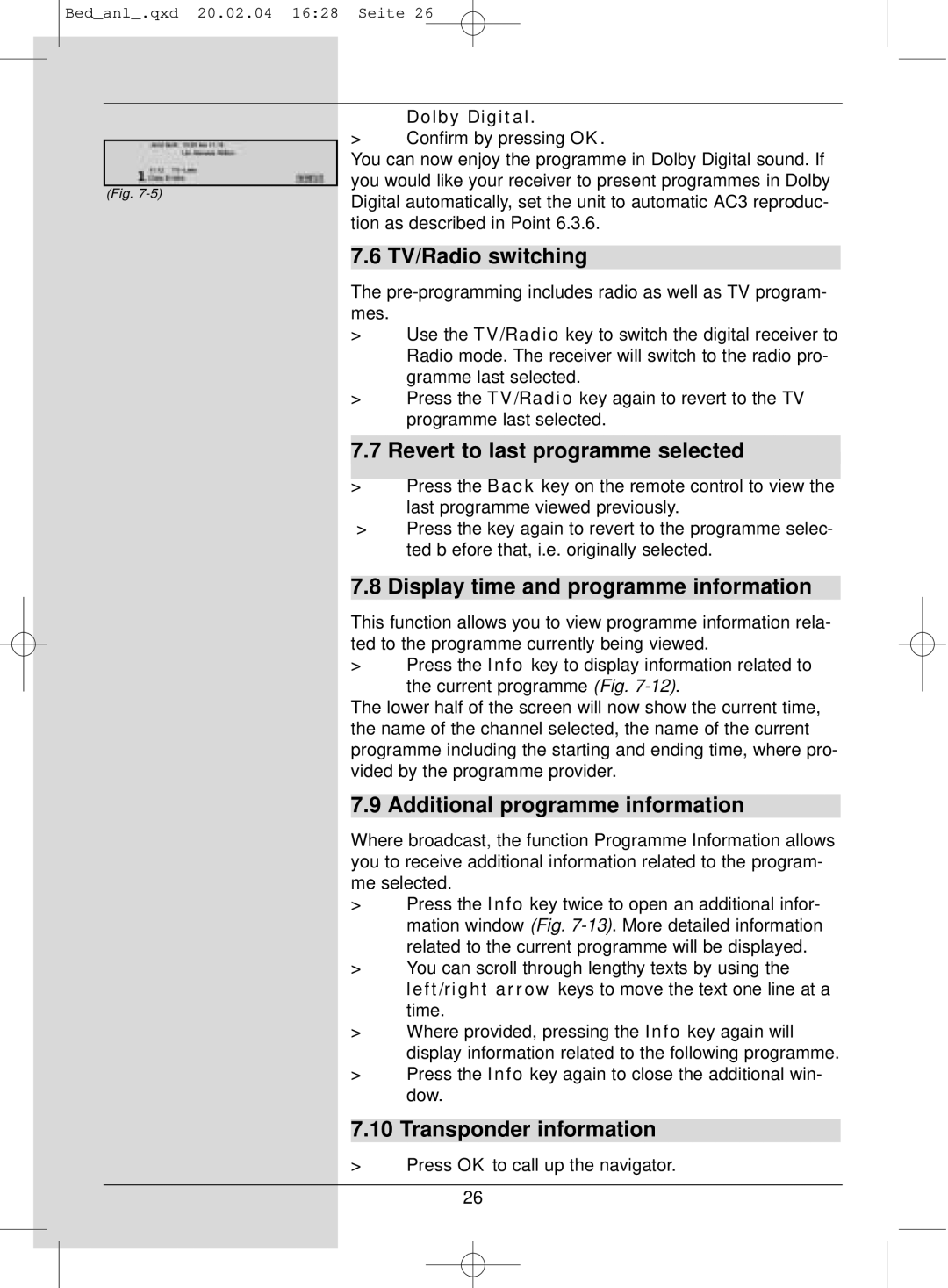 TechniSat S1 manual TV/Radio switching, Revert to last programme selected, Display time and programme information 